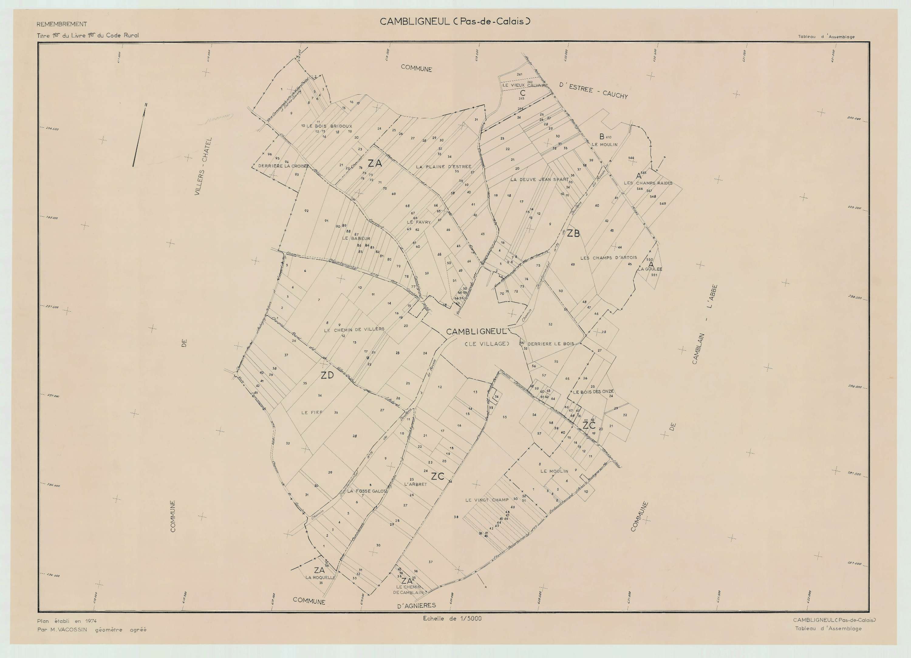 Cambligneul - Plan cadastral : tableau d'assemblage postérieur au remembrement.