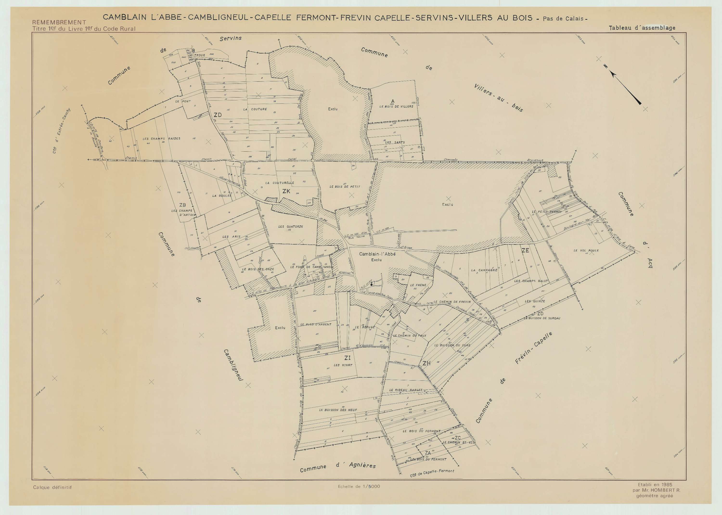 Camblain-l'Abbé - Plan cadastral : tableau d'assemblage postérieur au remembrement.