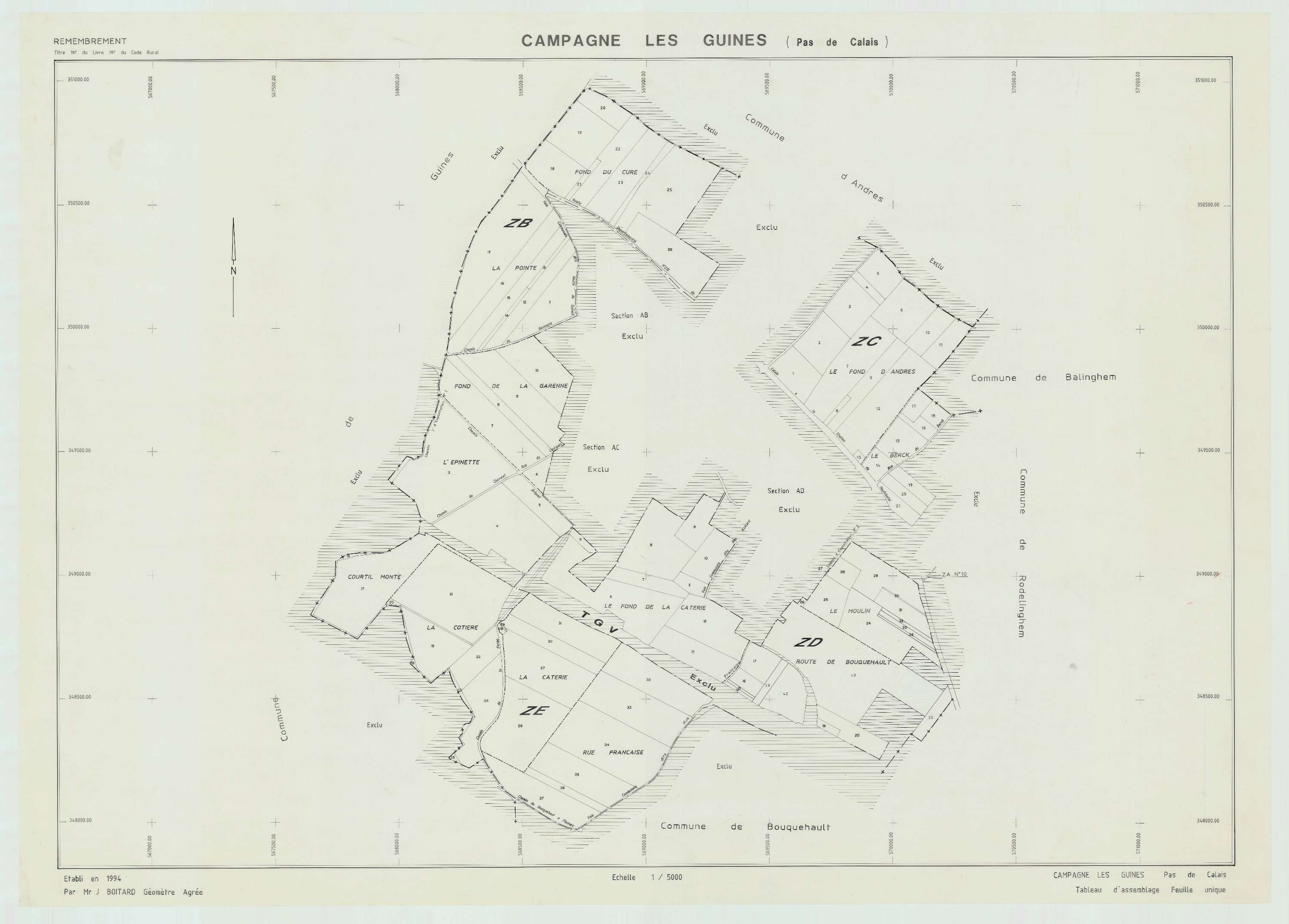 Campagne-lès-Guines - Plan cadastral : tableau d'assemblage postérieur au remembrement.