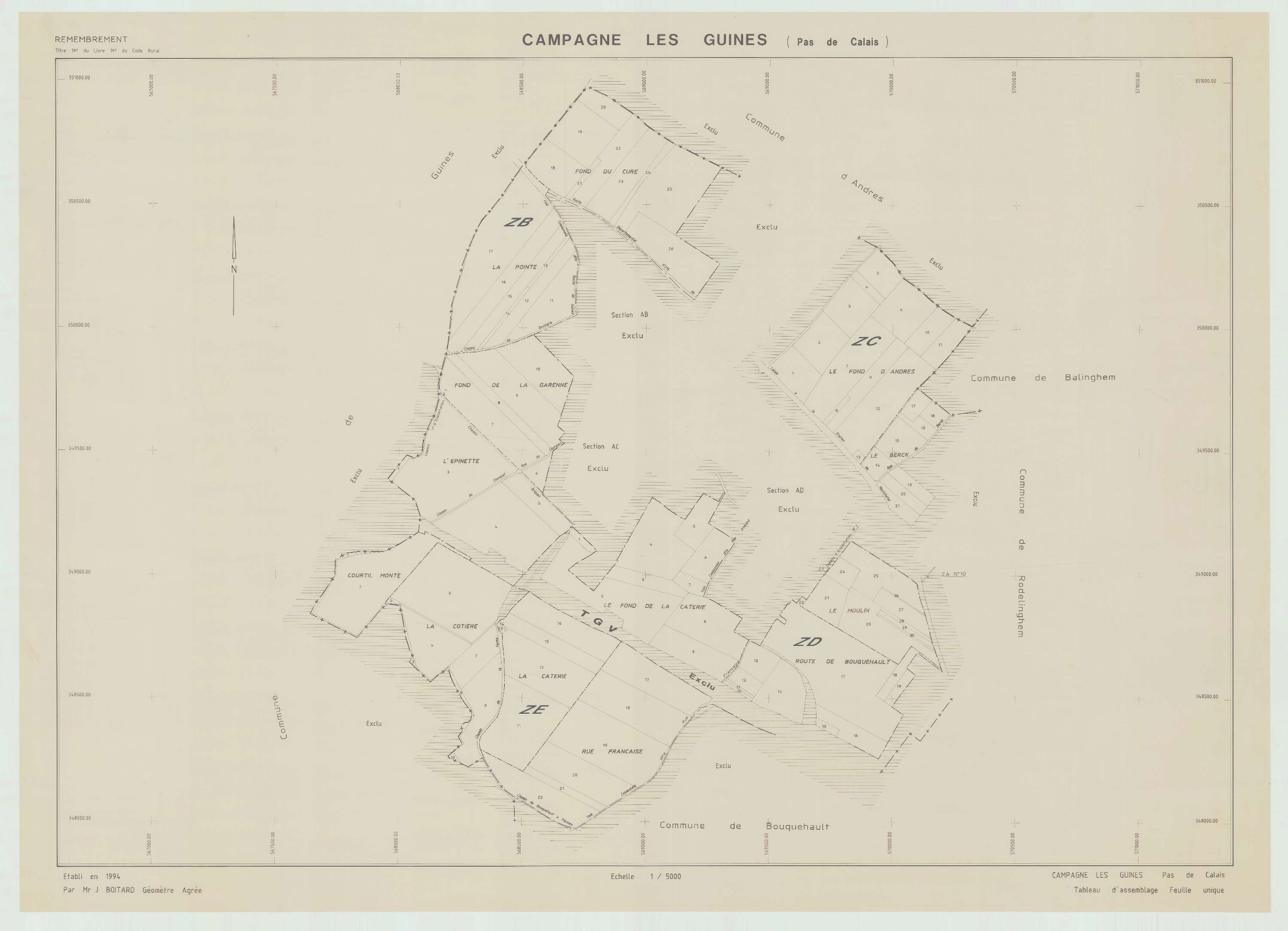 Campagne-lès-Guines - Plan cadastral : tableau d'assemblage postérieur au remembrement.