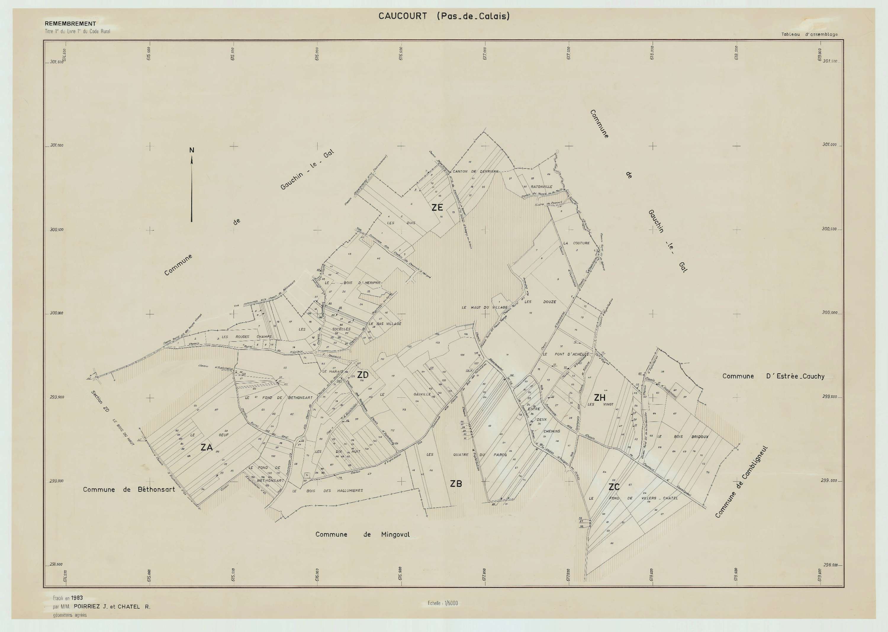 Caucourt - Plan cadastral : tableau d'assemblage postérieur au remembrement.