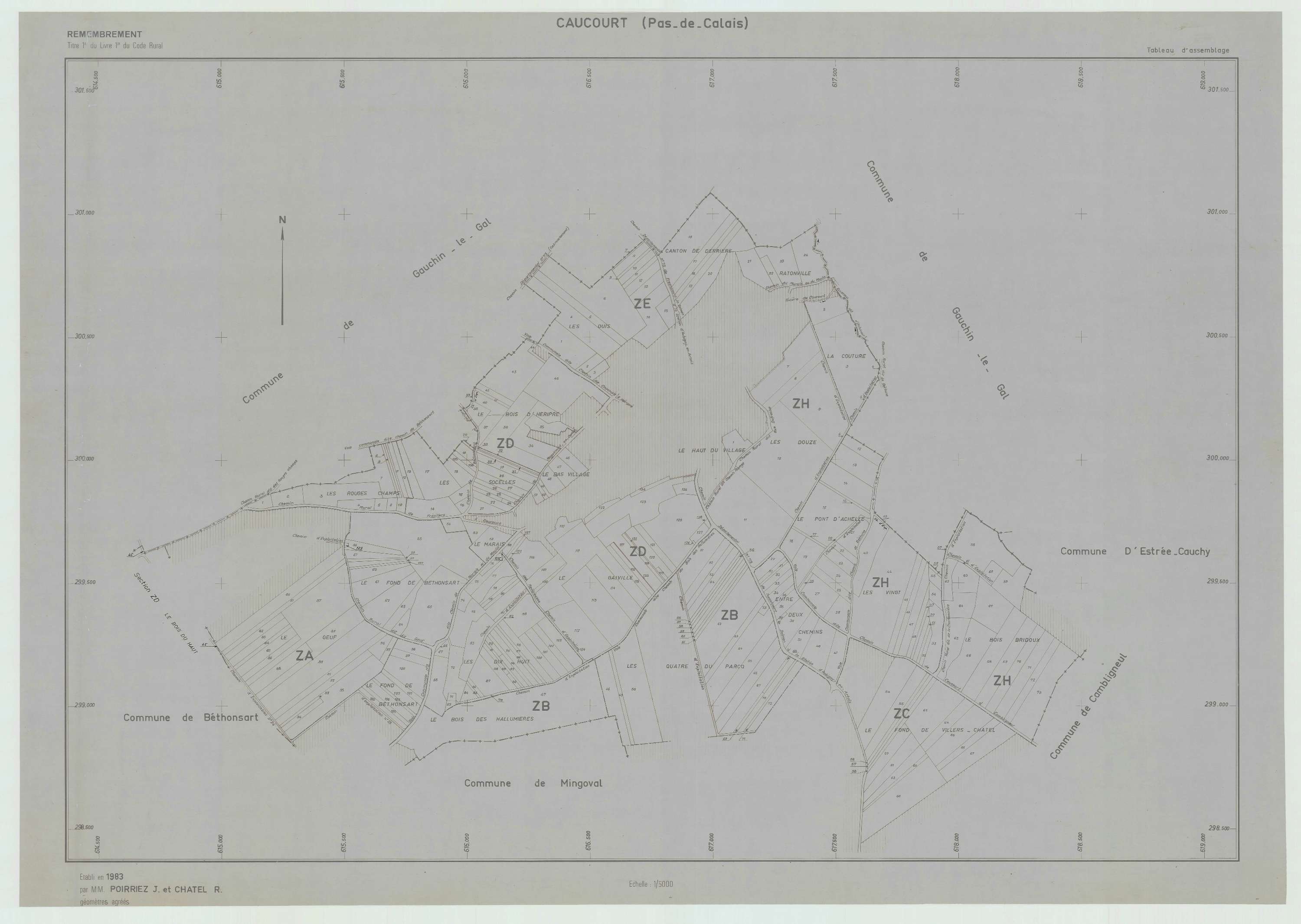 Caucourt - Plan cadastral : tableau d'assemblage postérieur au remembrement.