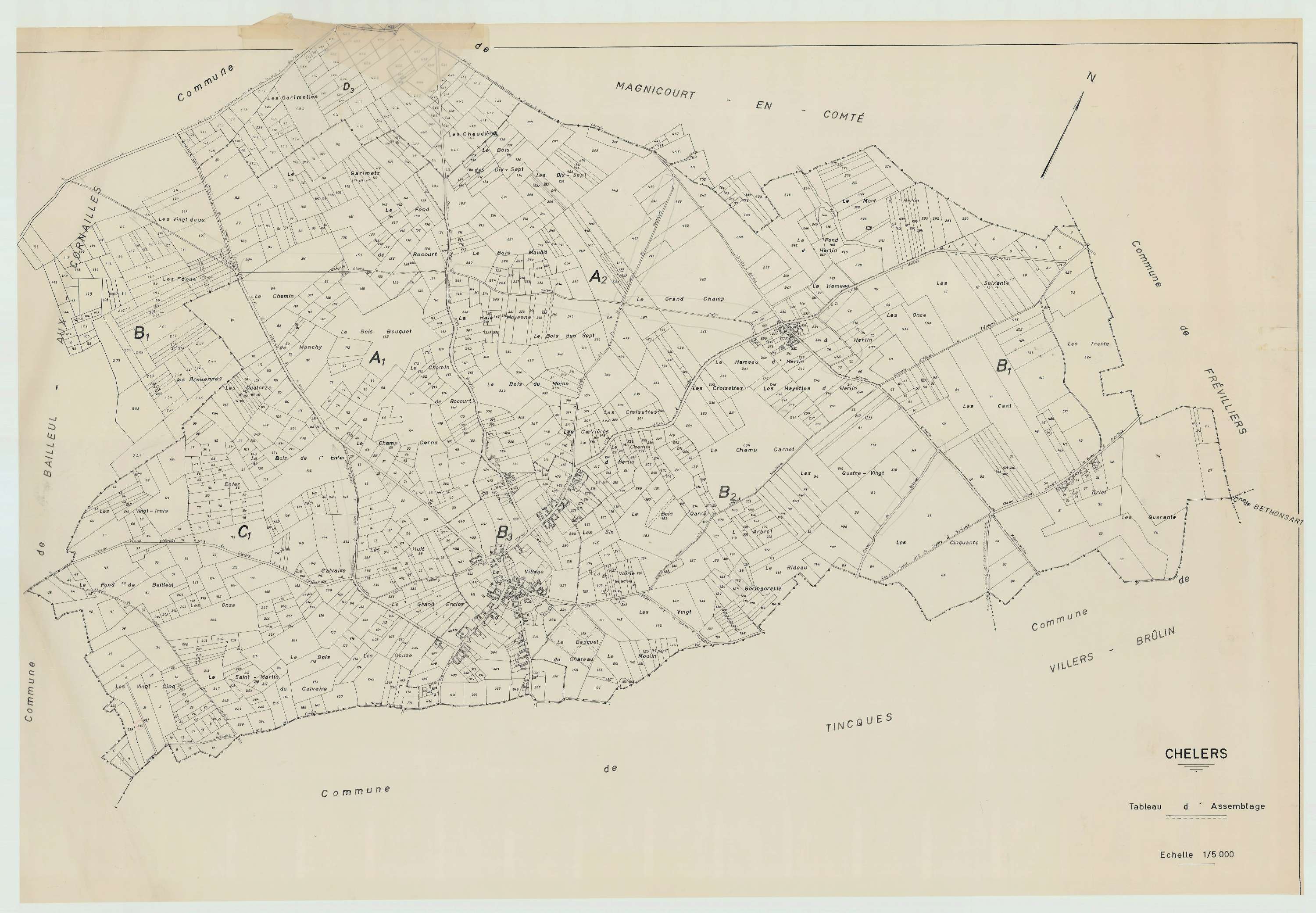 Chelers - Plan cadastral : tableau d'assemblage antérieur au remembrement.