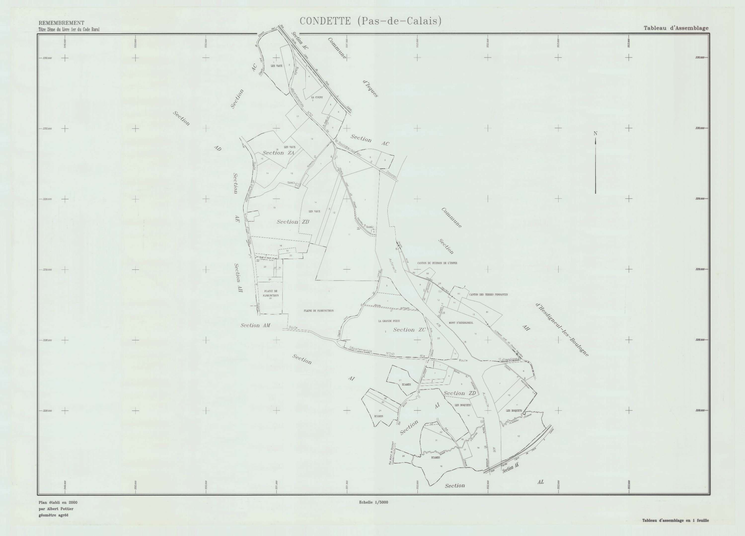 Condette - Plan cadastral : tableau d'assemblage postérieur au remembrement.