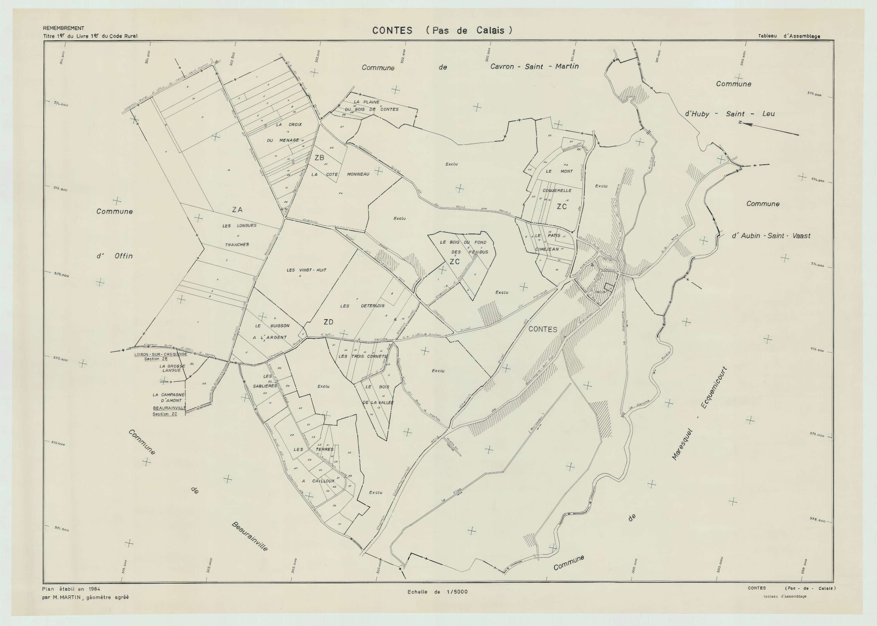 Contes - Plan cadastral : tableau d'assemblage postérieur au remembrement.