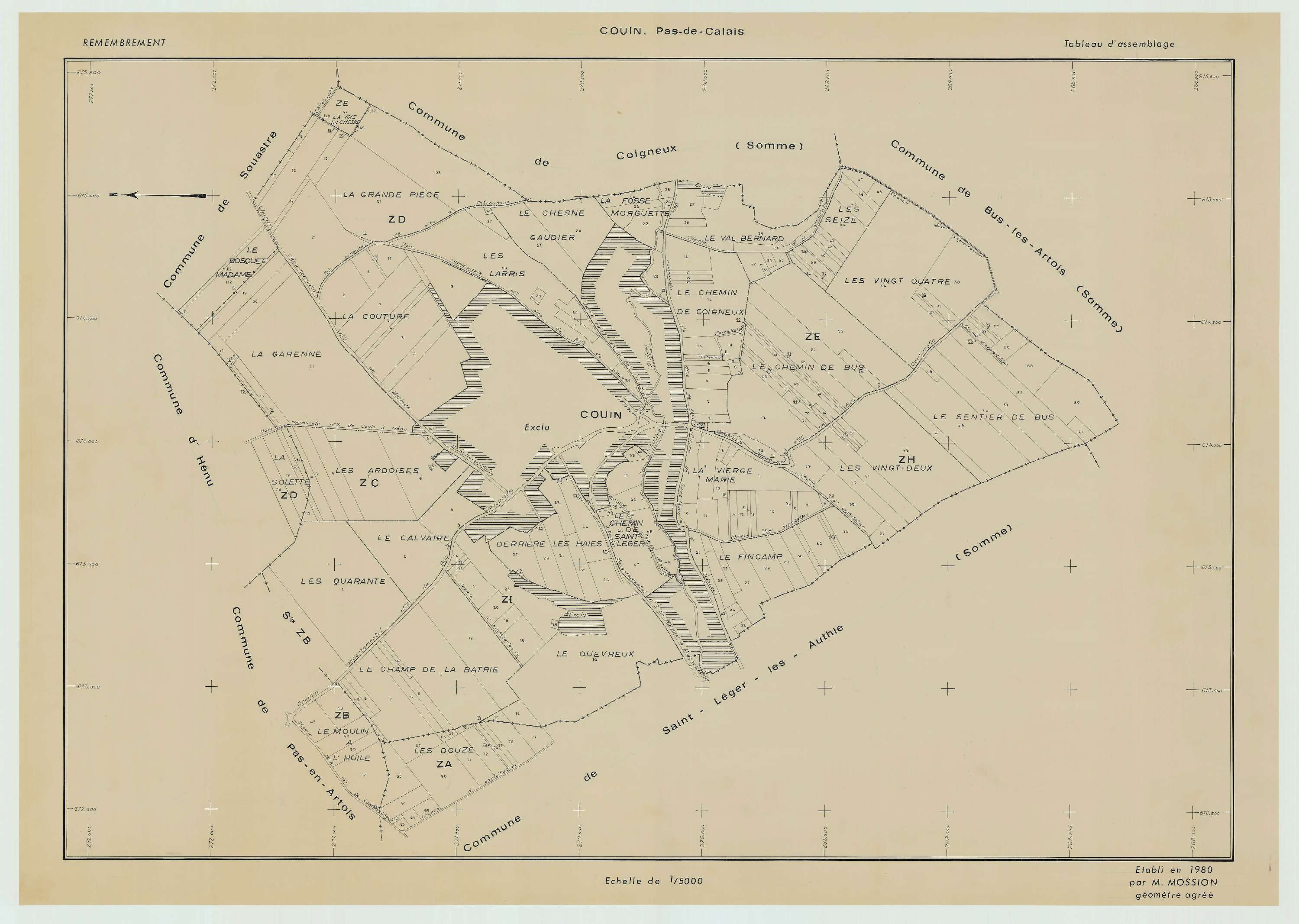 Couin - Plan cadastral : tableau d'assemblage postérieur au remembrement.