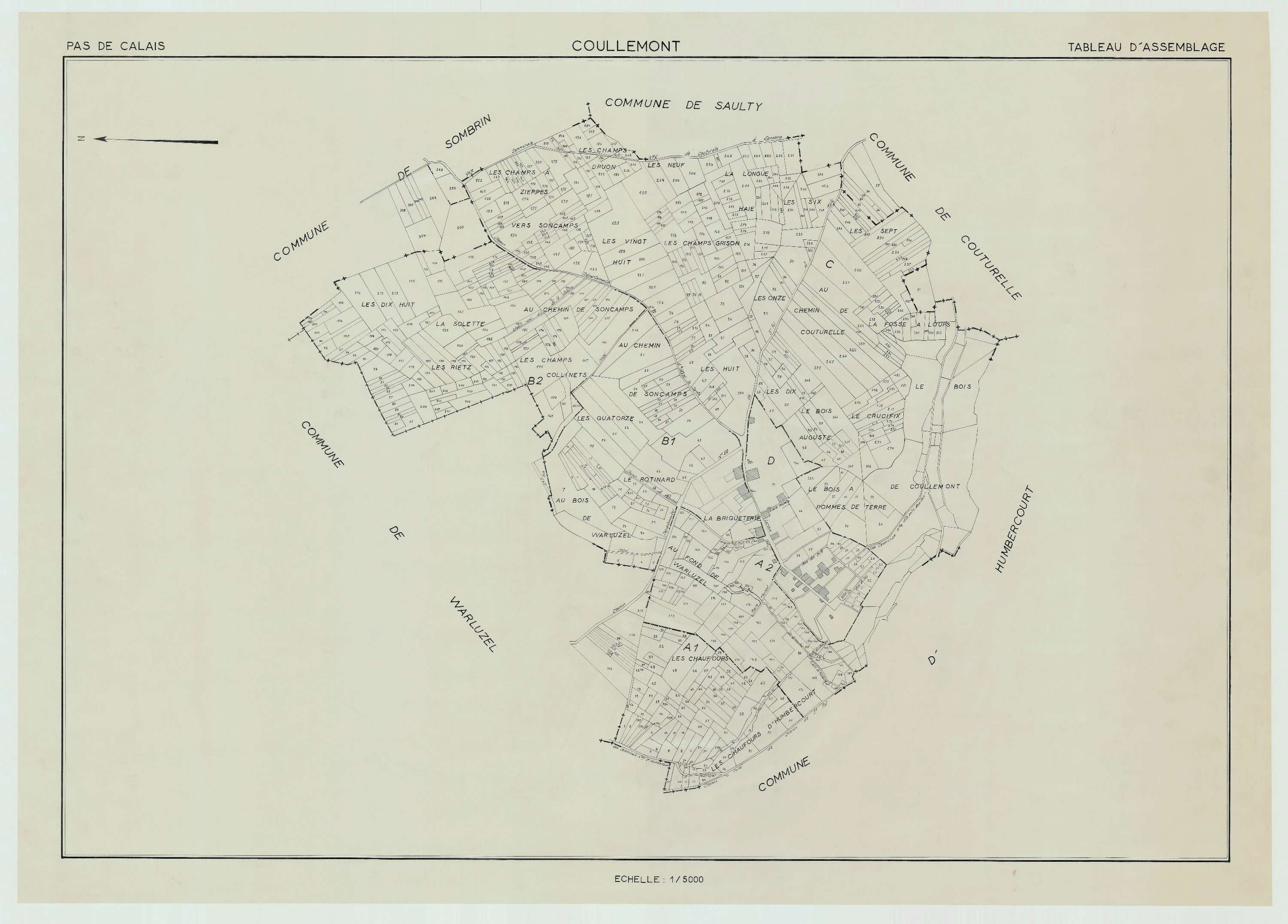 Coullemont - Plan cadastral : tableau d'assemblage antérieur au remembrement.
