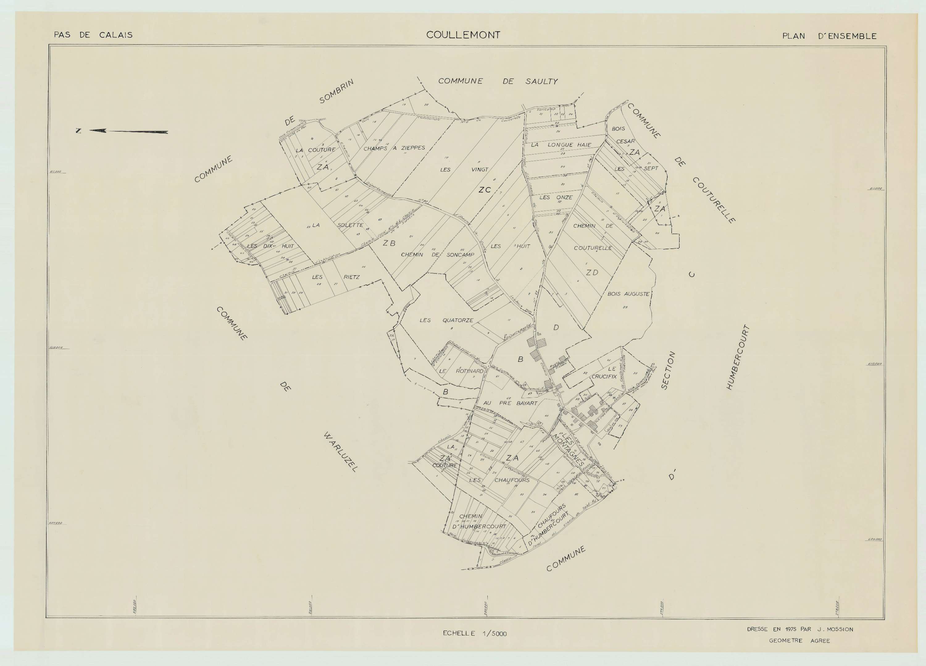 Coullemont - Plan cadastral : tableau d'assemblage postérieur au remembrement.