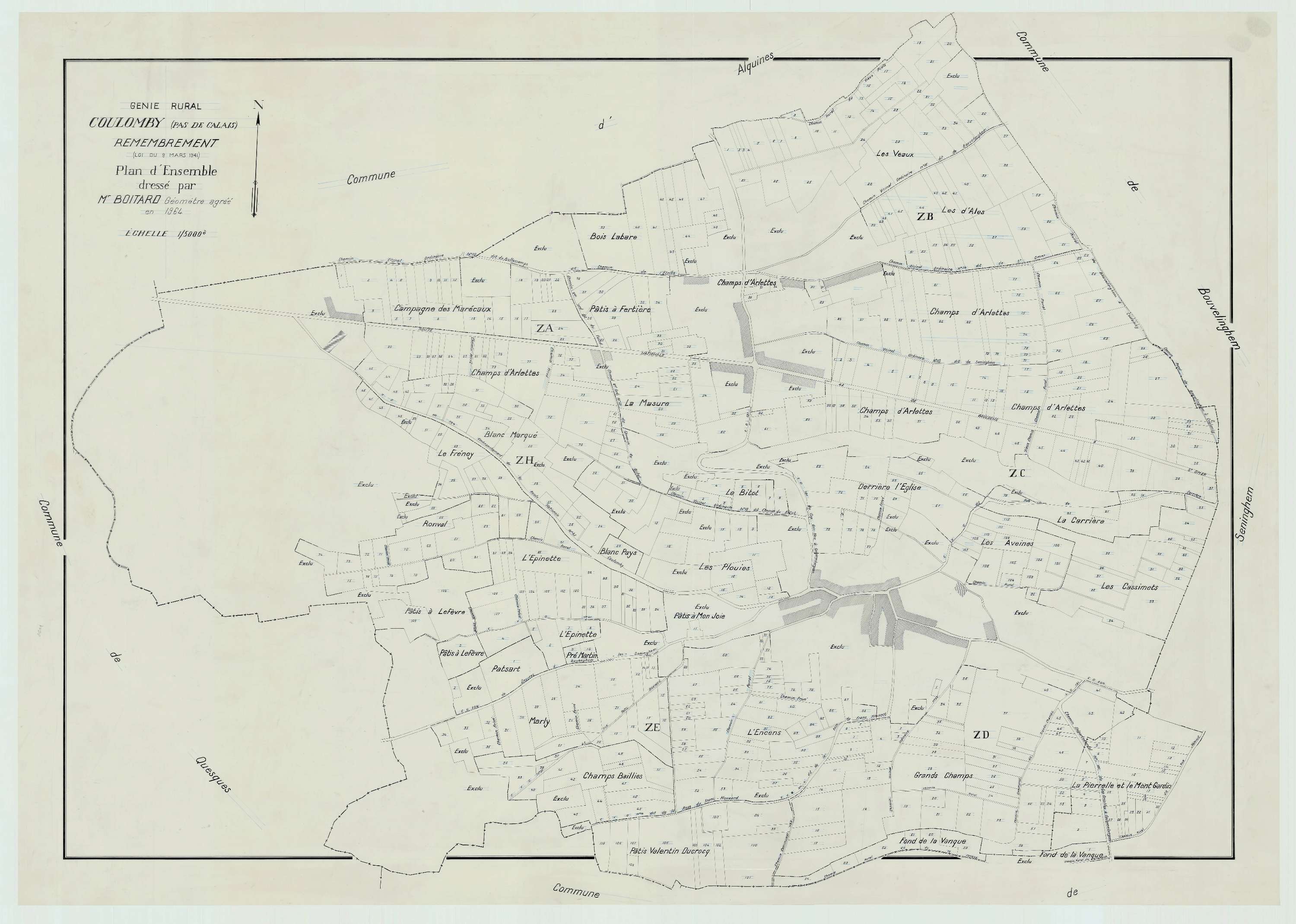 Coulomby - Plan cadastral : tableau d'assemblage postérieur au remembrement.