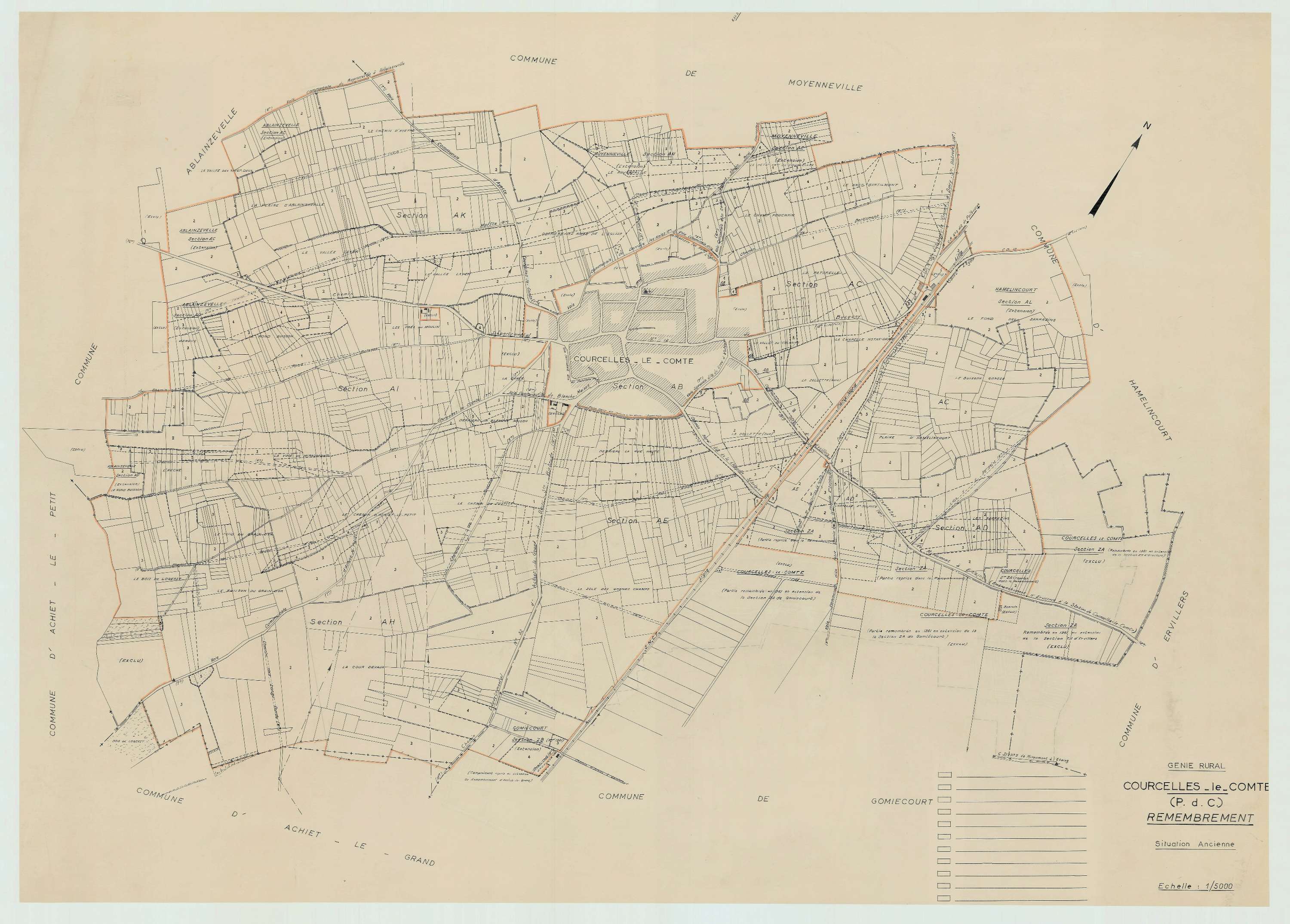 Courcelles-le-Comte - Plan cadastral : tableau d'assemblage antérieur au remembrement.