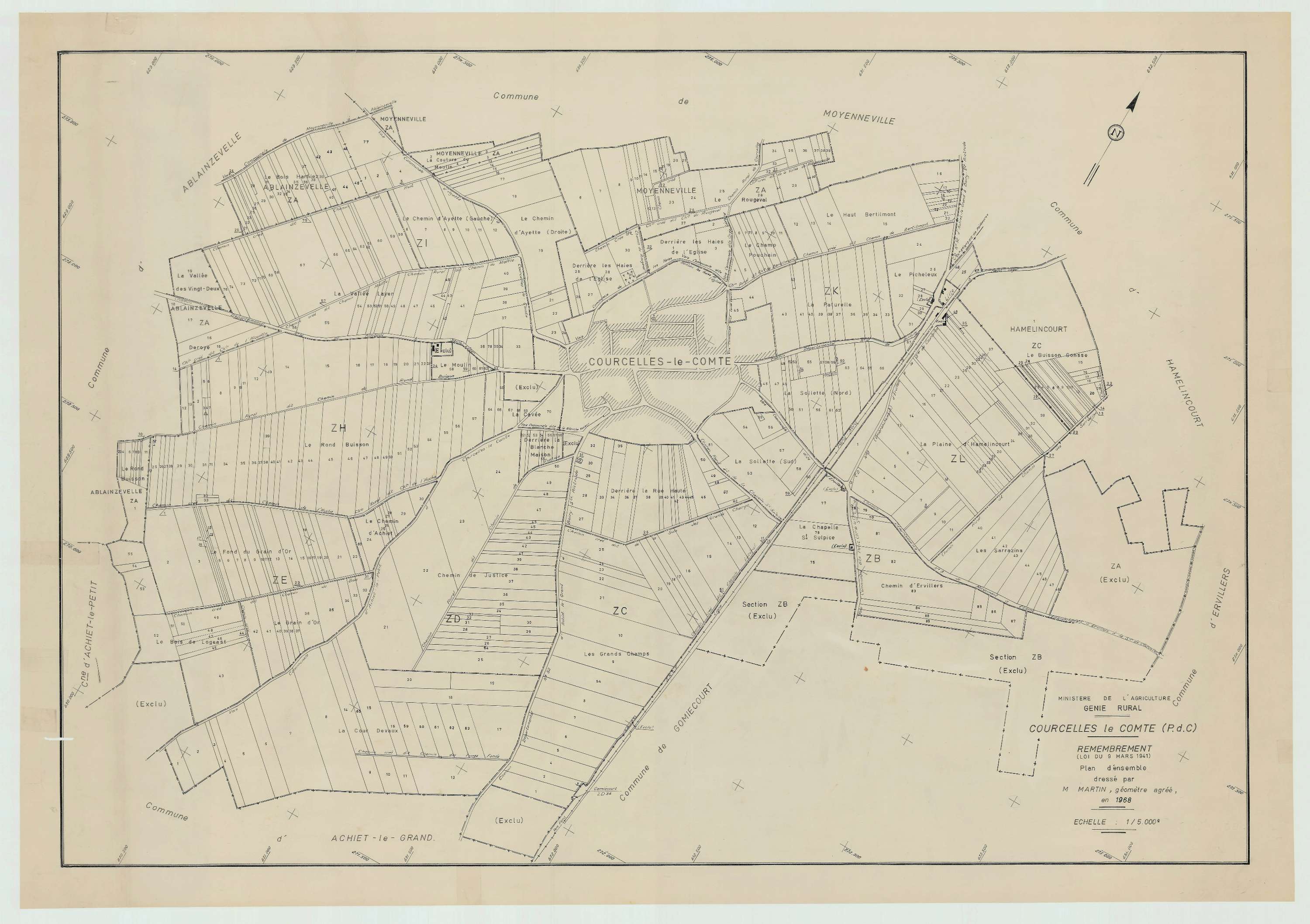 Courcelles-le-Comte - Plan cadastral : tableau d'assemblage postérieur au remembrement.