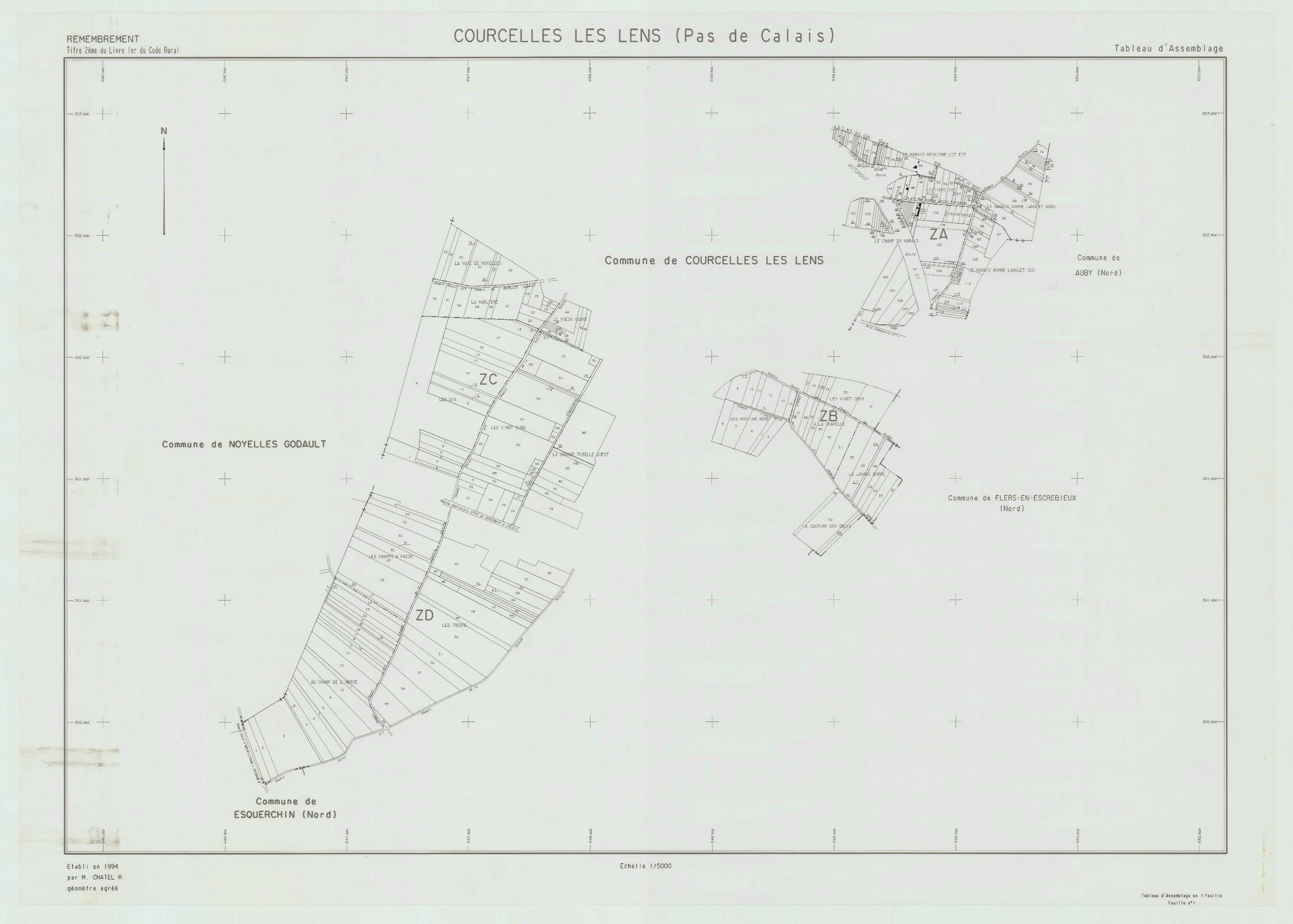 Courcelles-lès-Lens - Plan cadastral : tableau d'assemblage postérieur au remembrement.
