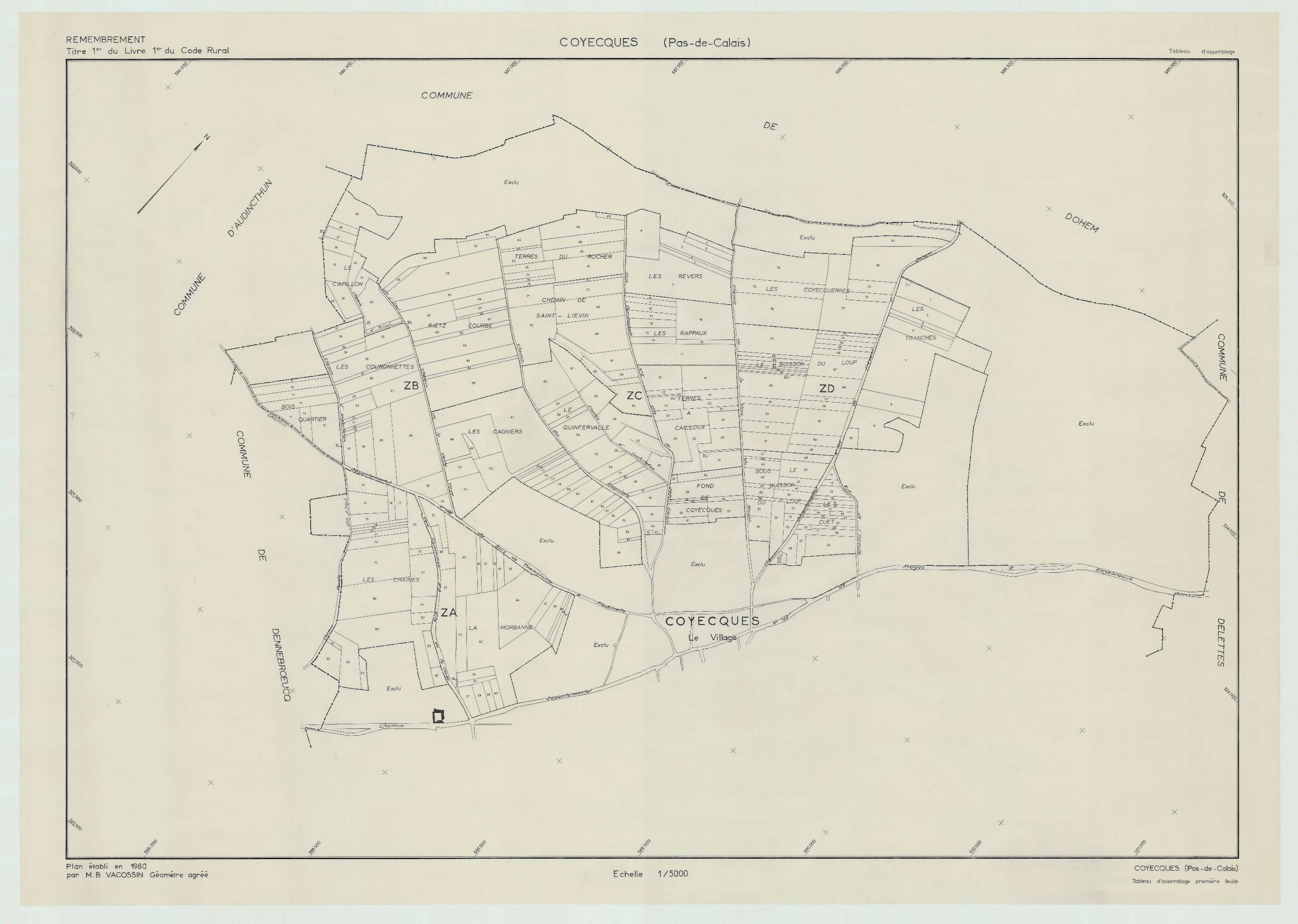 Coyecques - Plan cadastral : tableau d'assemblage postérieur au remembrement.