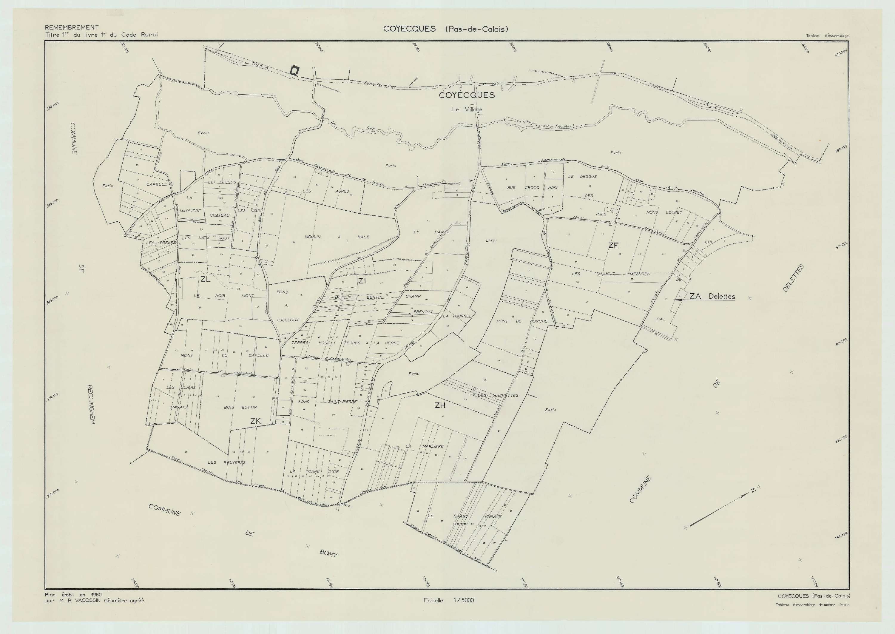 Coyecques - Plan cadastral : tableau d'assemblage postérieur au remembrement.