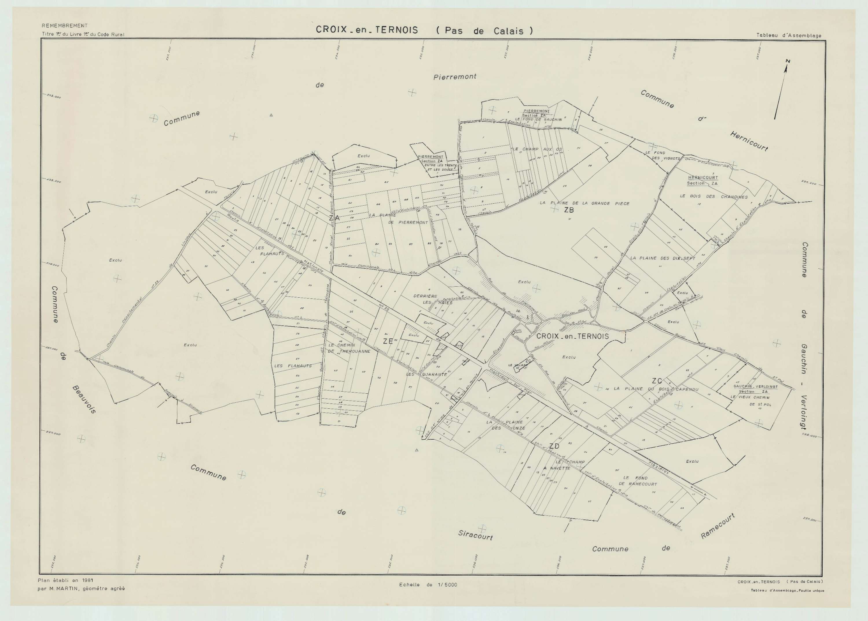 Croix-en-Ternois - Plan cadastral : tableau d'assemblage postérieur au remembrement.