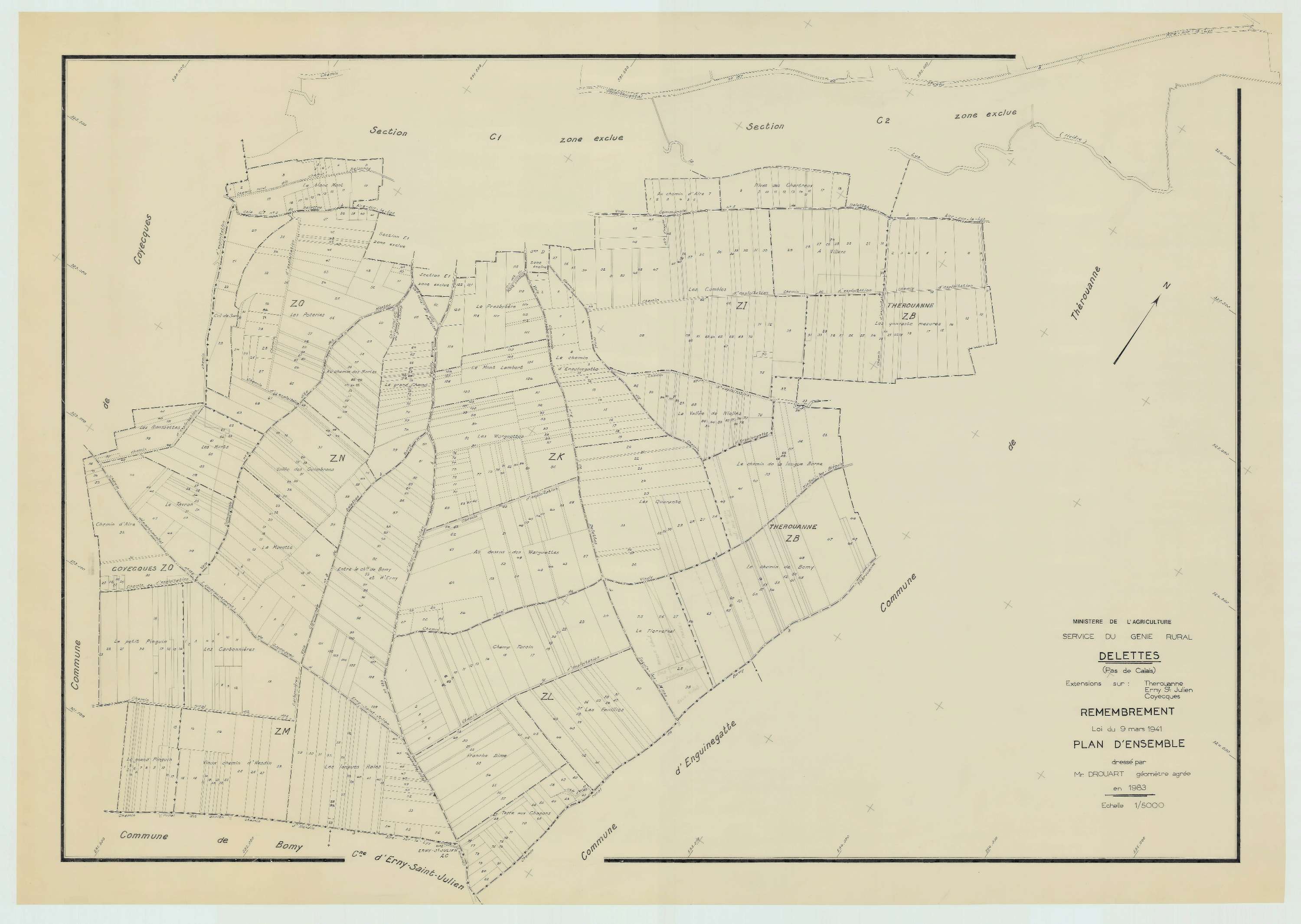Delettes - Plan cadastral : tableau d'assemblage postérieur au remembrement.
