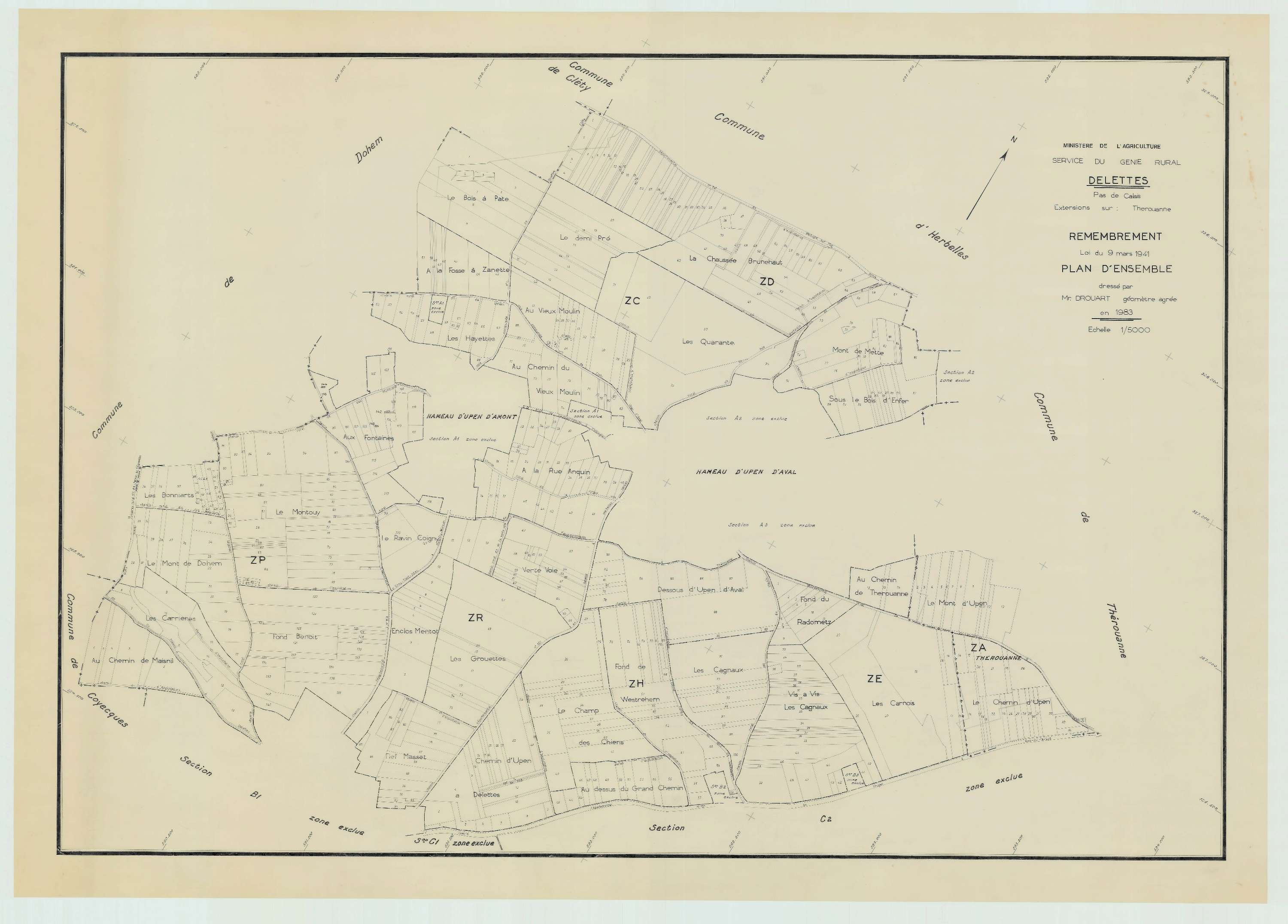Delettes - Plan cadastral : tableau d'assemblage postérieur au remembrement.