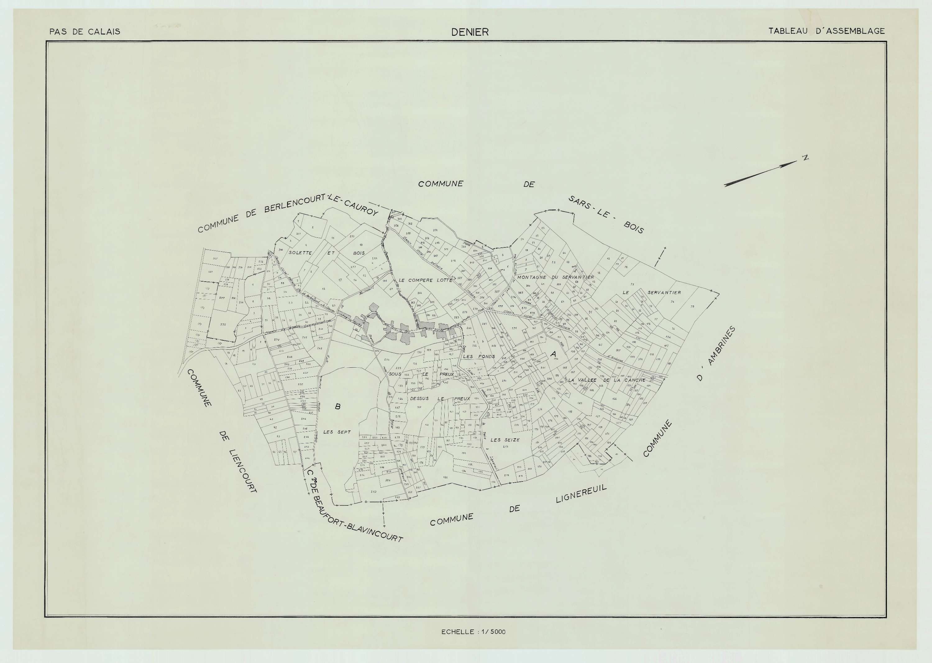 Denier - Plan cadastral : tableau d'assemblage antérieur au remembrement.