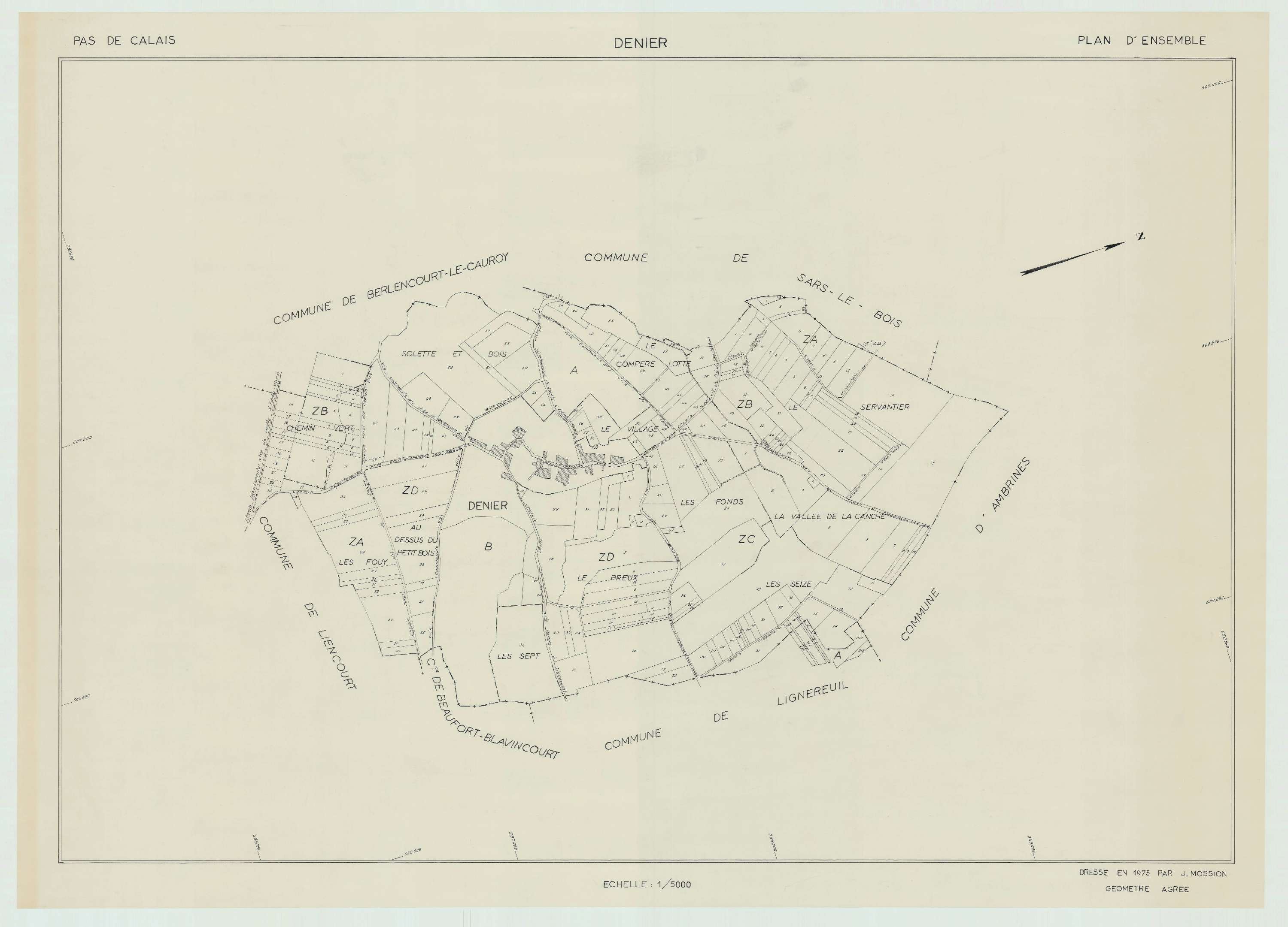 Denier - Plan cadastral : tableau d'assemblage postérieur au remembrement.