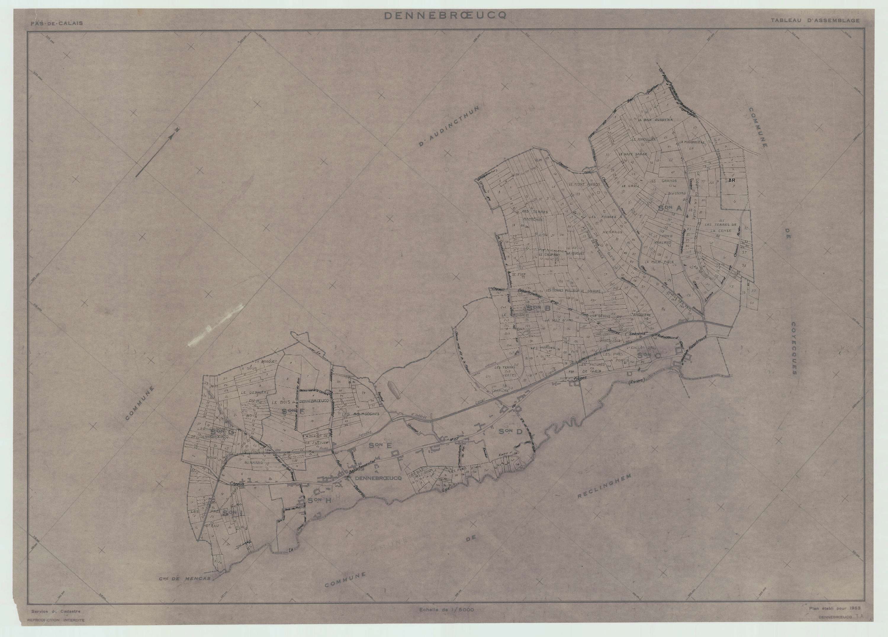 Dennebrœucq - Plan cadastral : tableau d'assemblage antérieur au remembrement.