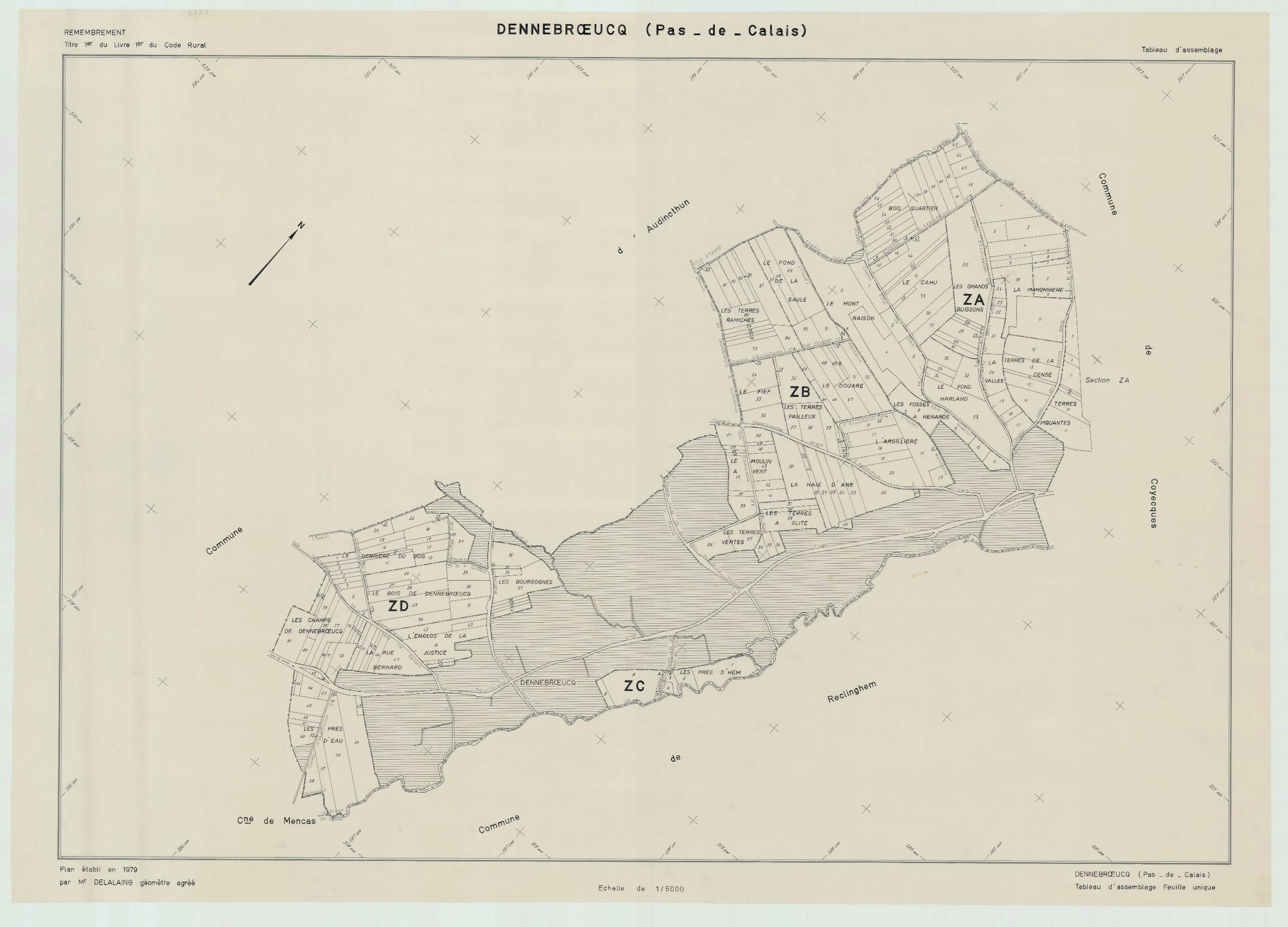 Dennebrœucq - Plan cadastral : tableau d'assemblage postérieur au remembrement.