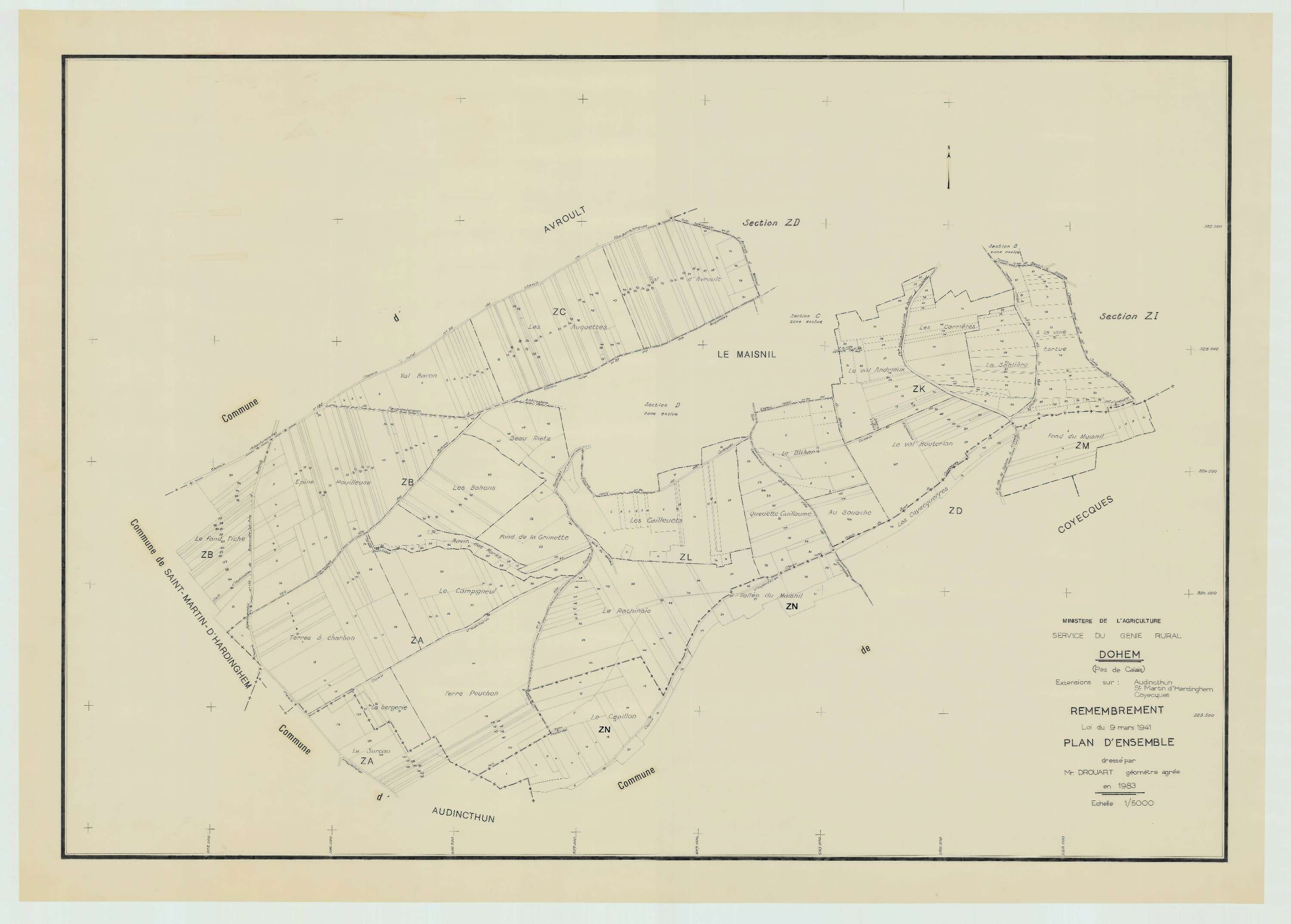Dohem - Plan cadastral : tableau d'assemblage postérieur au remembrement.