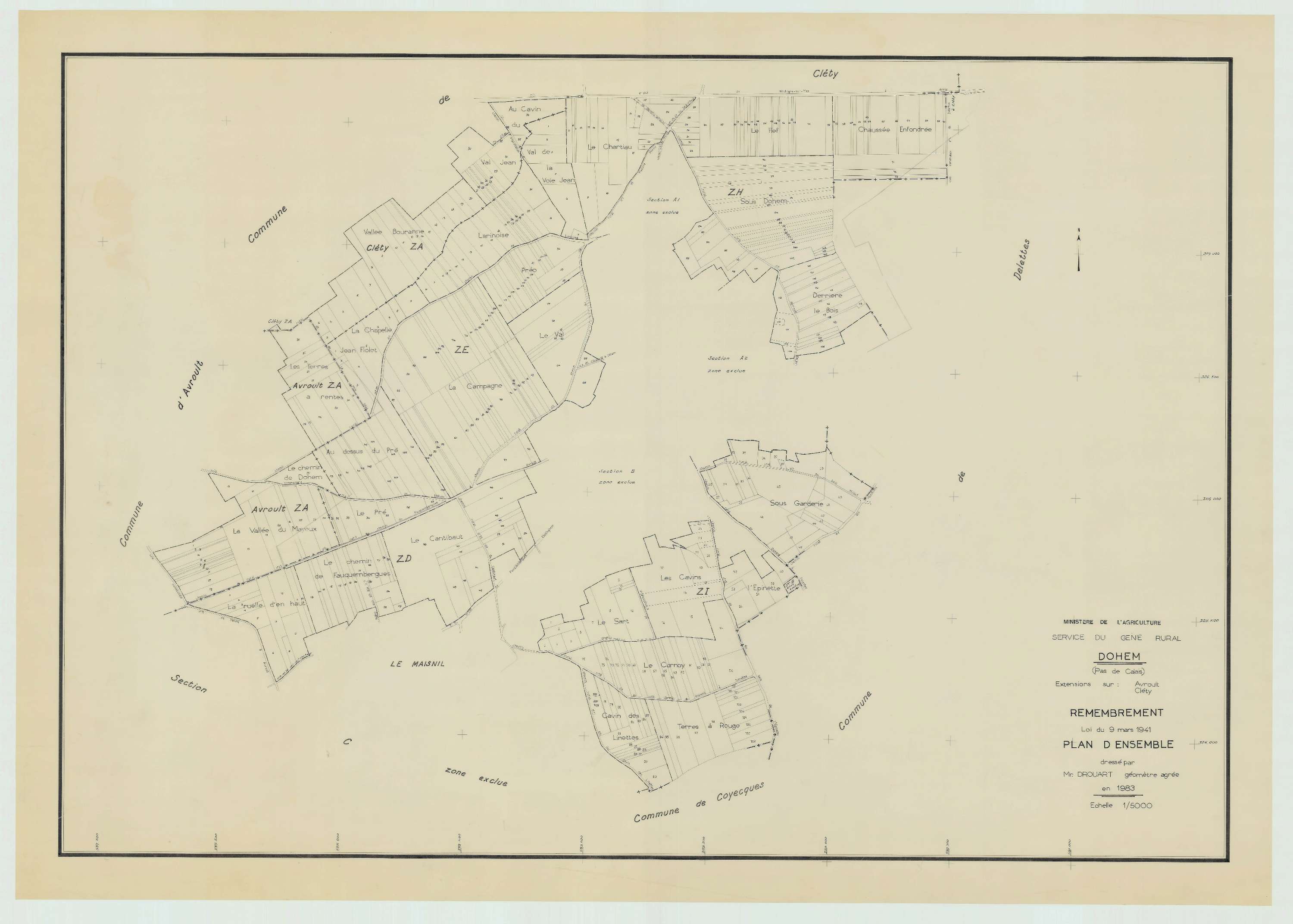 Dohem - Plan cadastral : tableau d'assemblage postérieur au remembrement.