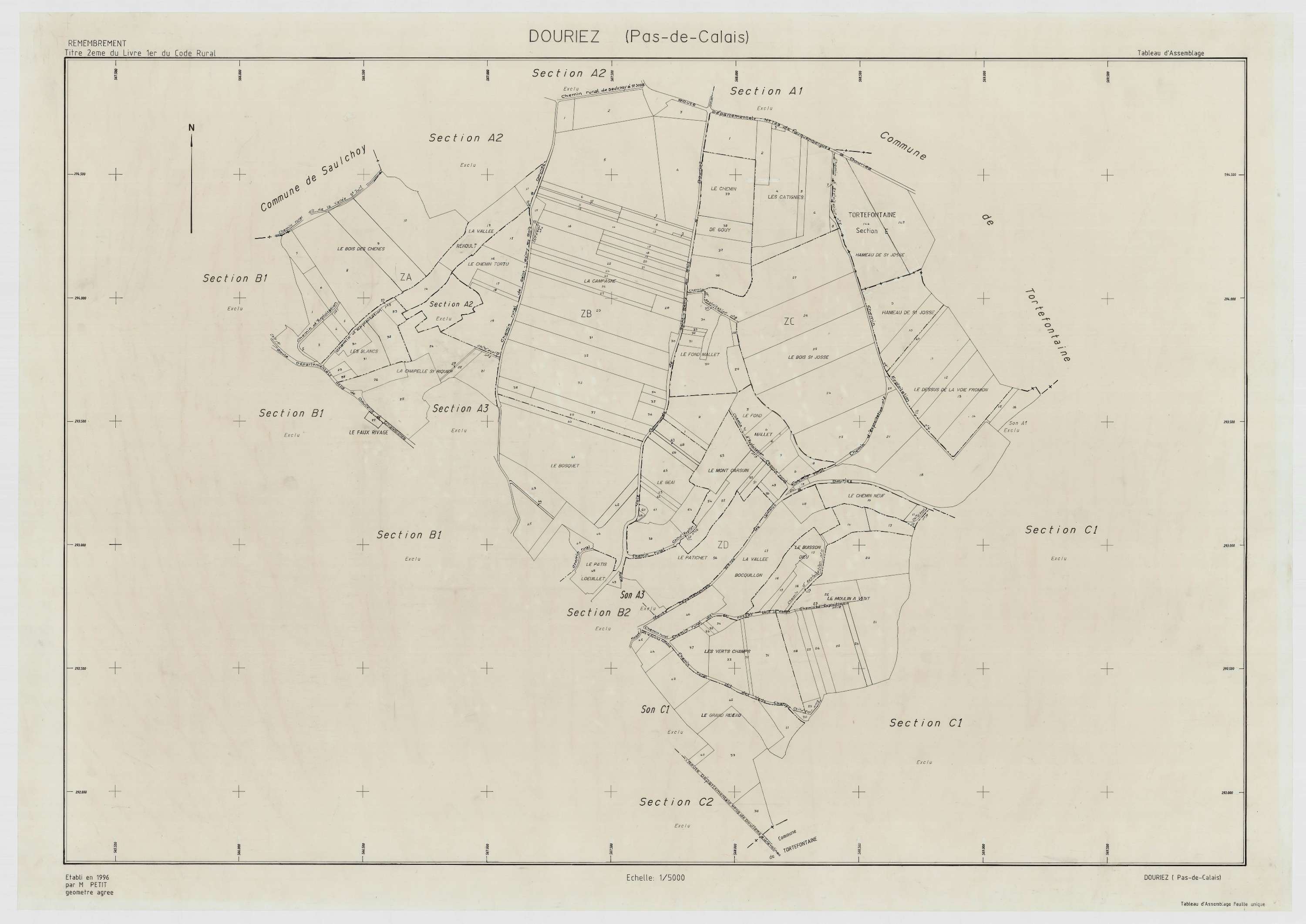 Douriez - Plan cadastral : tableau d'assemblage postérieur au remembrement.