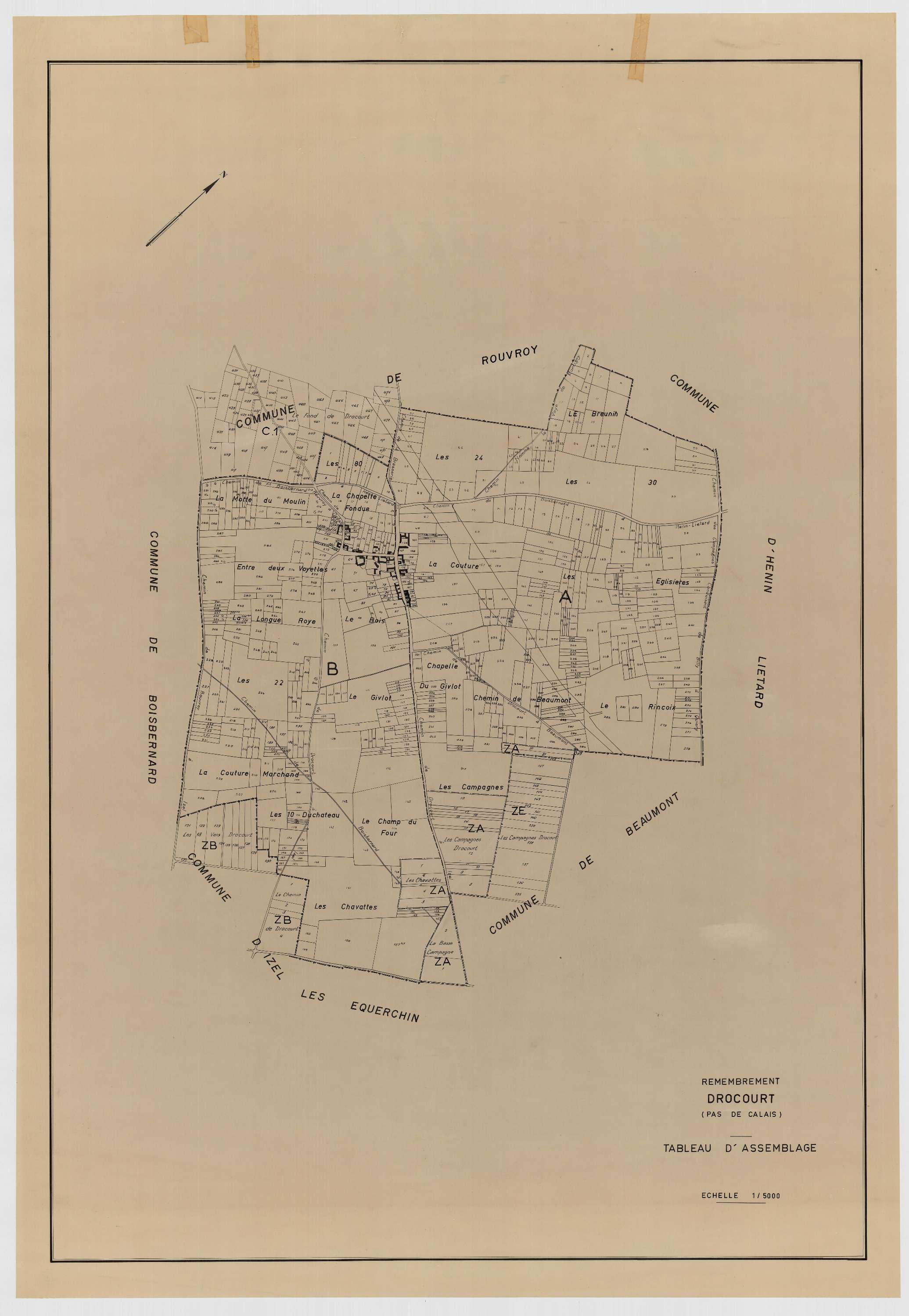 Drocourt - Plan cadastral : tableau d'assemblage antérieur au remembrement.
