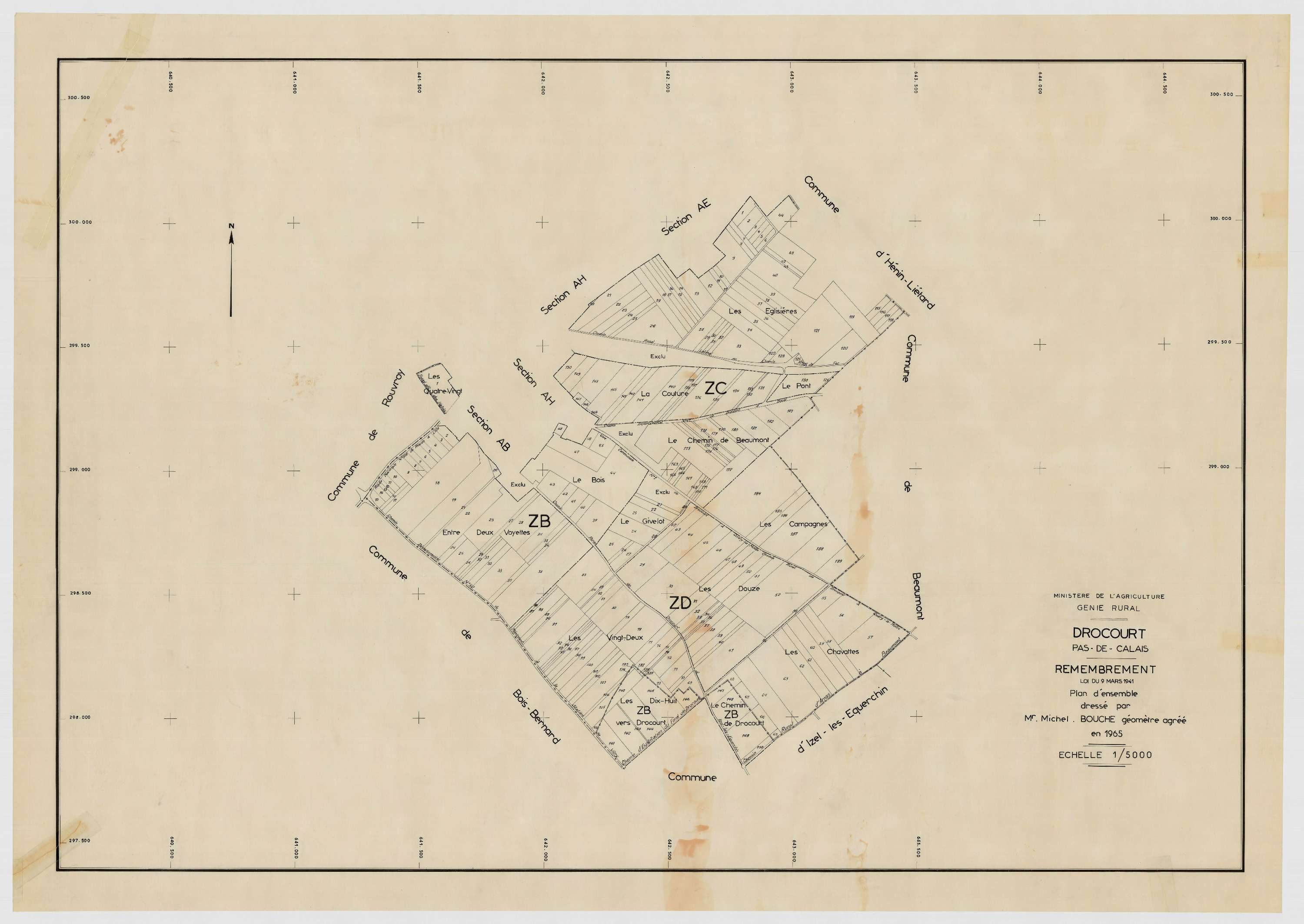 Drocourt - Plan cadastral : tableau d'assemblage postérieur au remembrement.