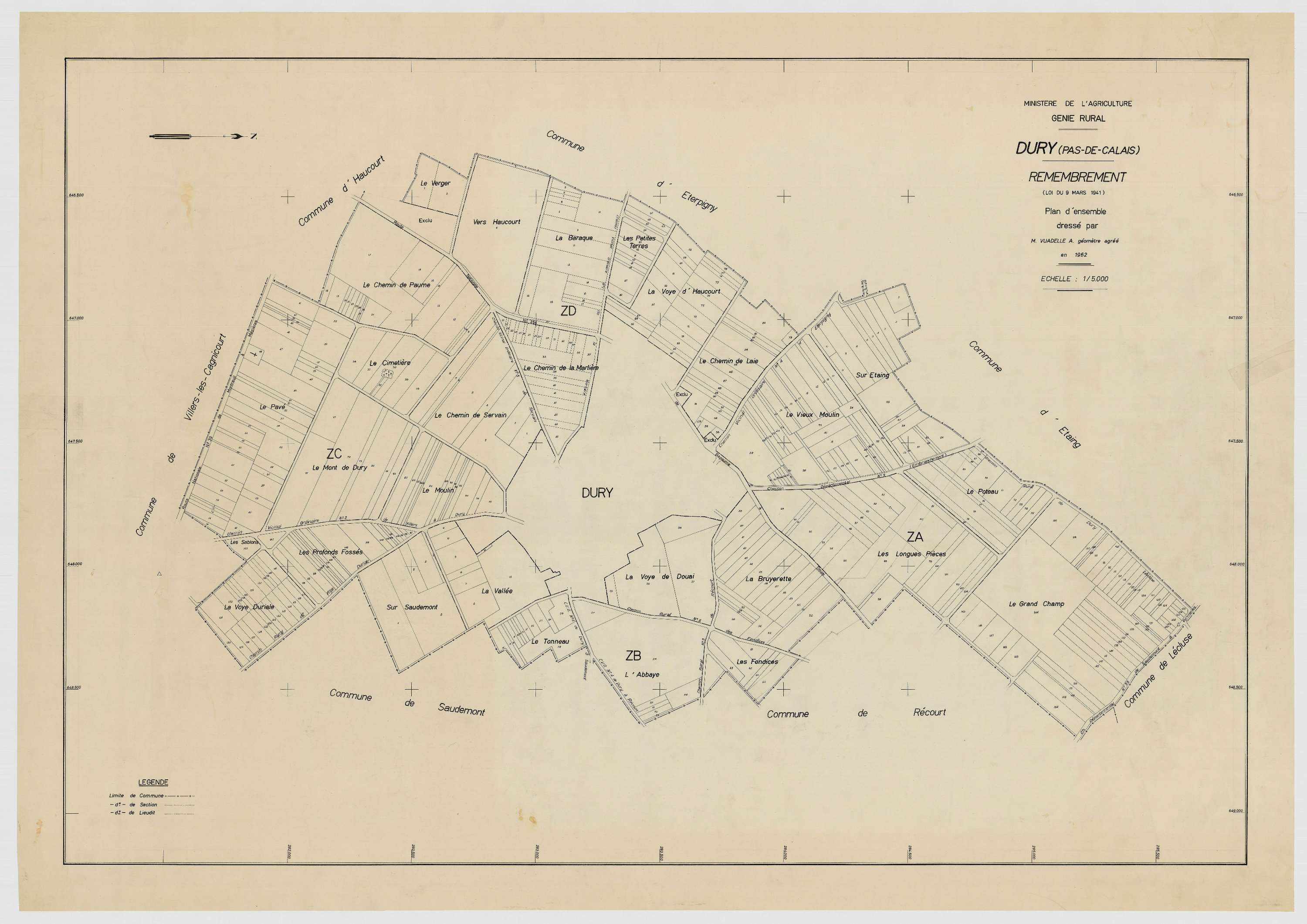 Dury - Plan cadastral : tableau d'assemblage postérieur au remembrement.