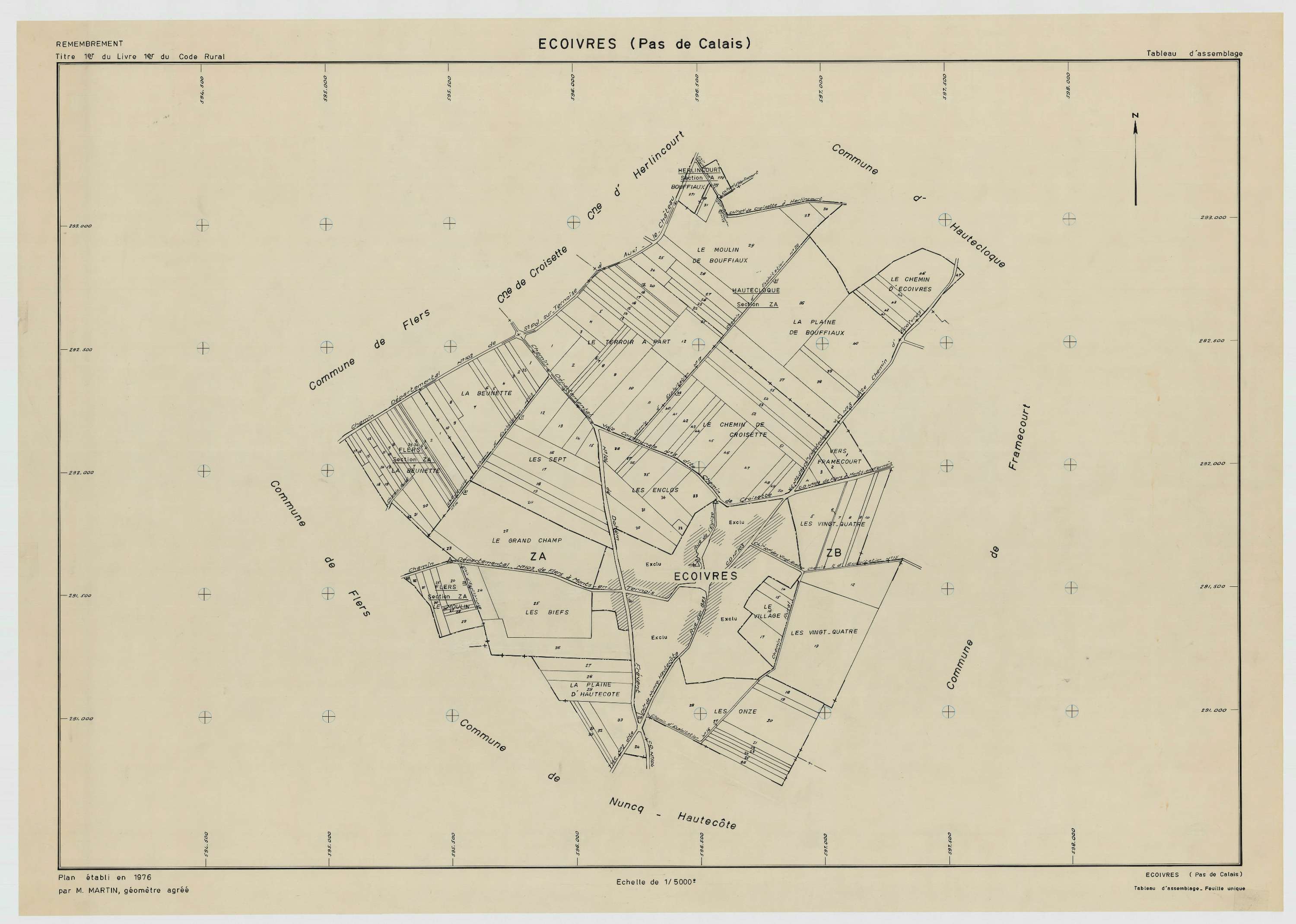 Écoivres - Plan cadastral : tableau d'assemblage postérieur au remembrement.