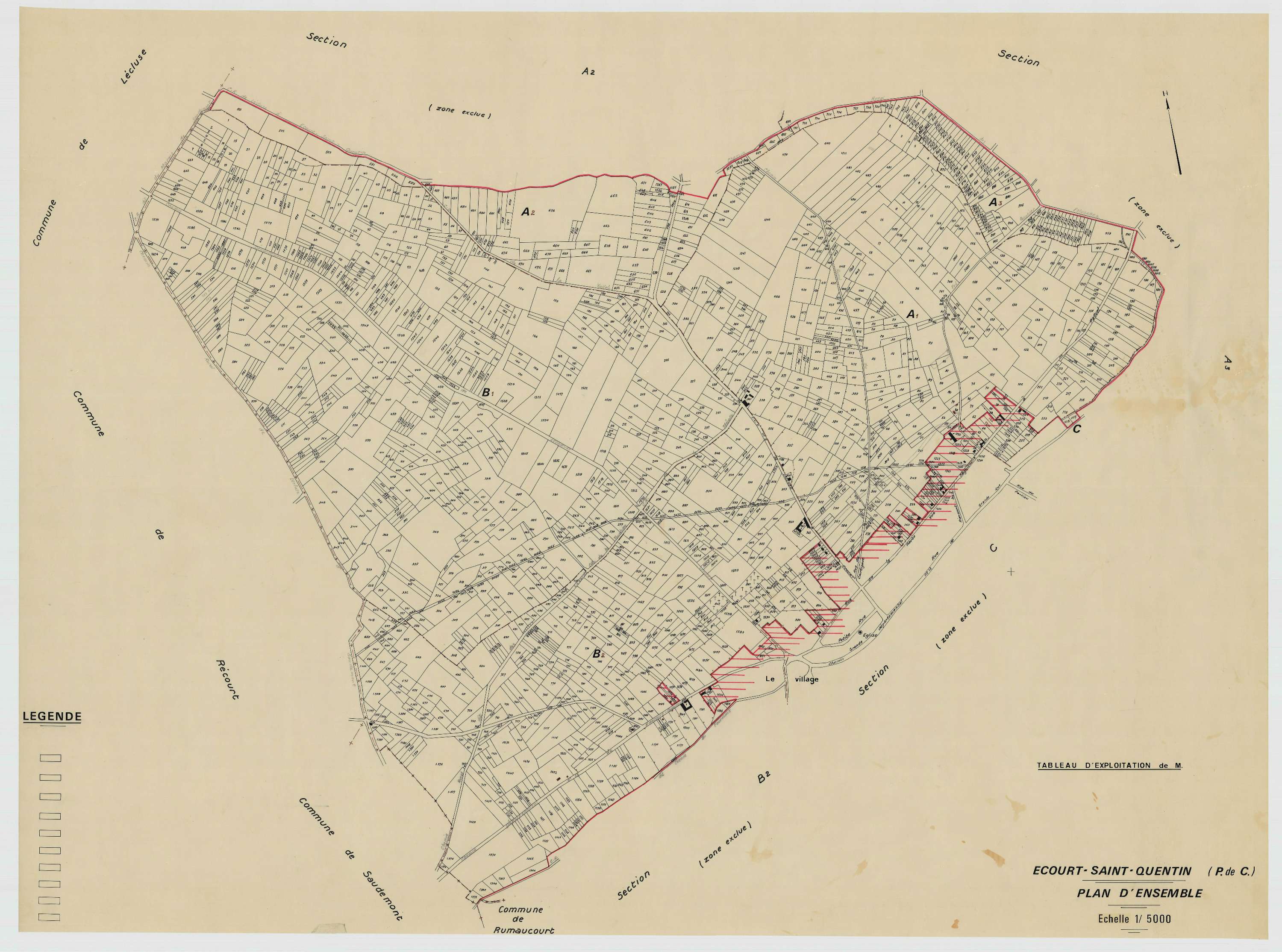 Écourt-Saint-Quentin - Plan cadastral : tableau d'assemblage antérieur au remembrement.