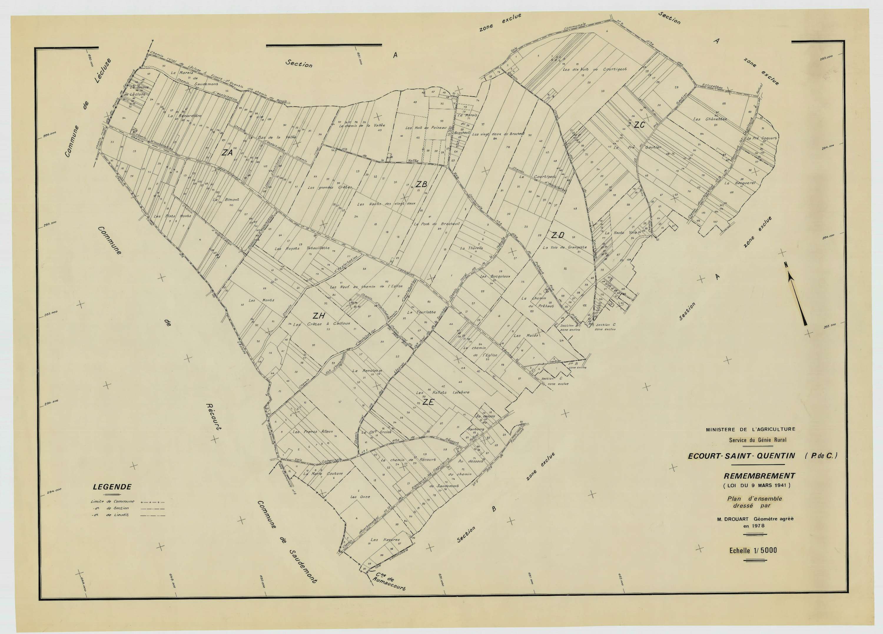 Écourt-Saint-Quentin - Plan cadastral : tableau d'assemblage postérieur au remembrement.