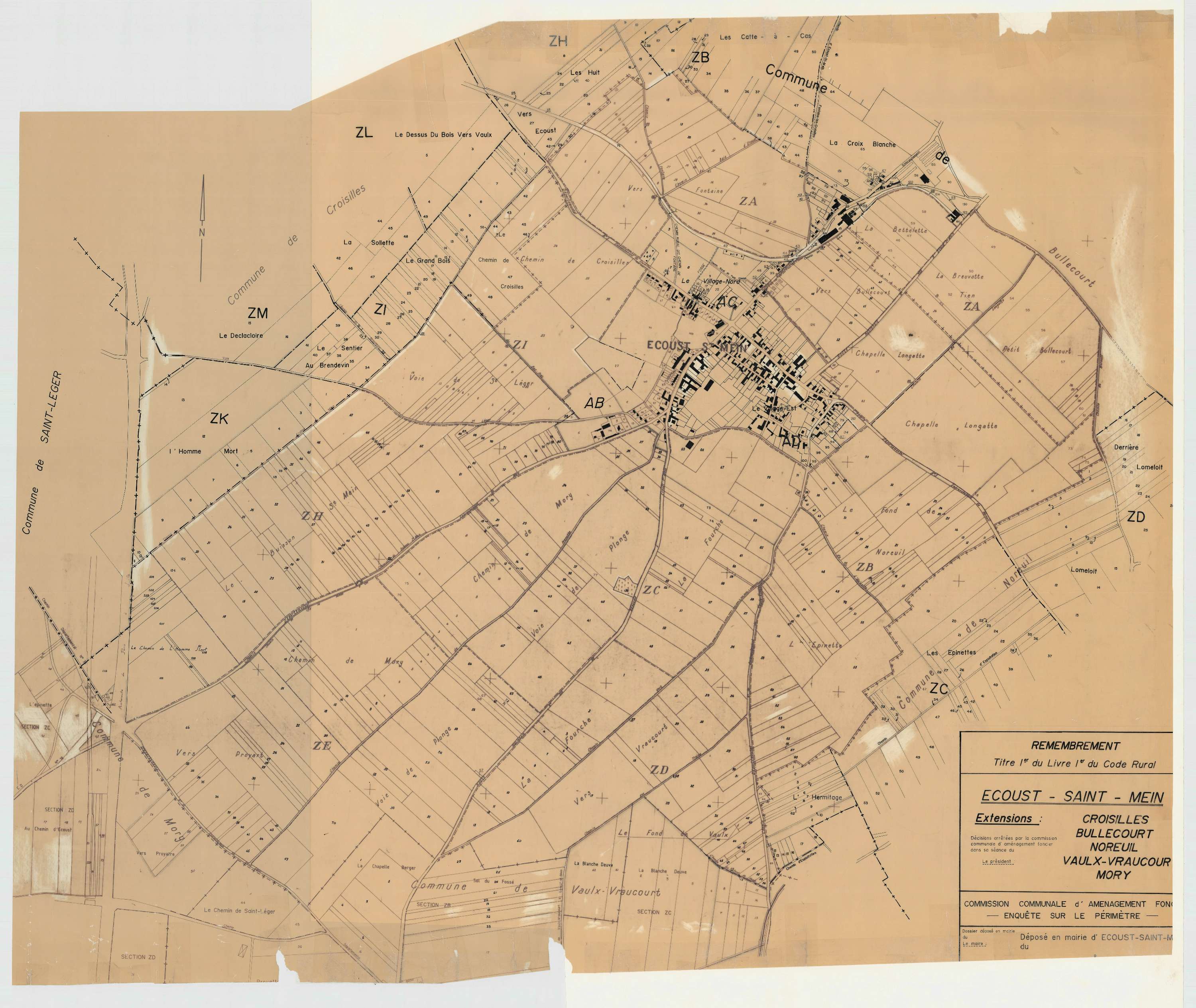 Écoust-Saint-Mein - Plan cadastral : tableau d'assemblage postérieur au remembrement.