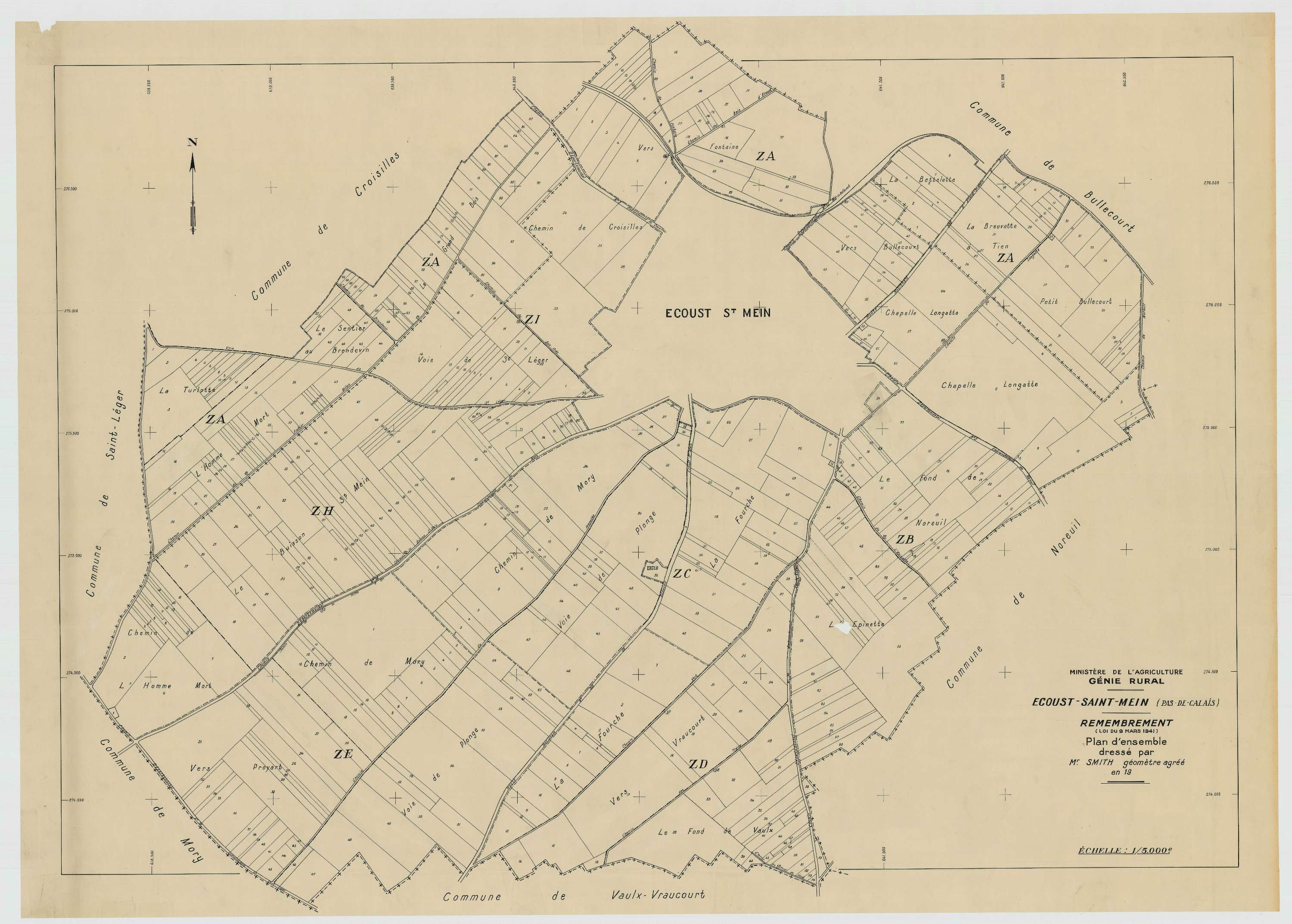 Écoust-Saint-Mein - Plan cadastral : tableau d'assemblage postérieur au remembrement.