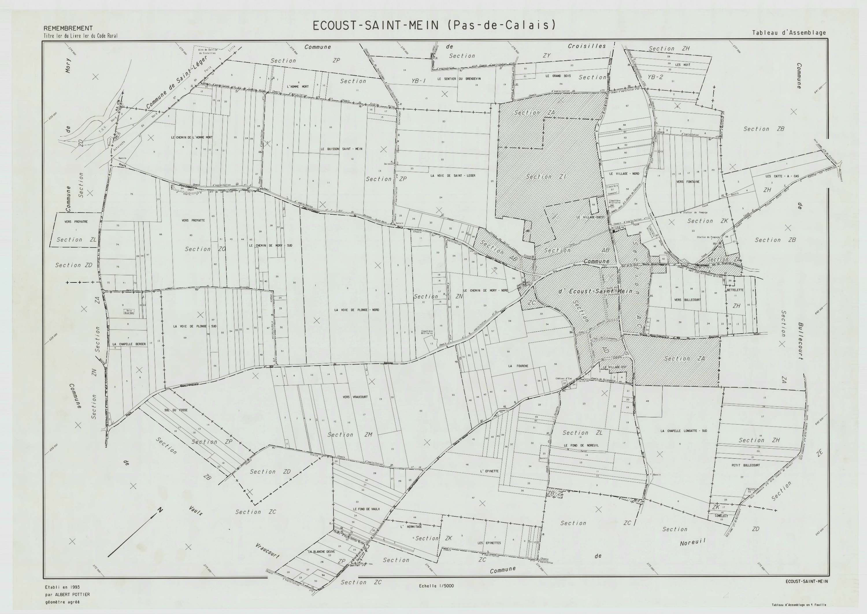 Écoust-Saint-Mein - Plan cadastral : tableau d'assemblage postérieur au remembrement.