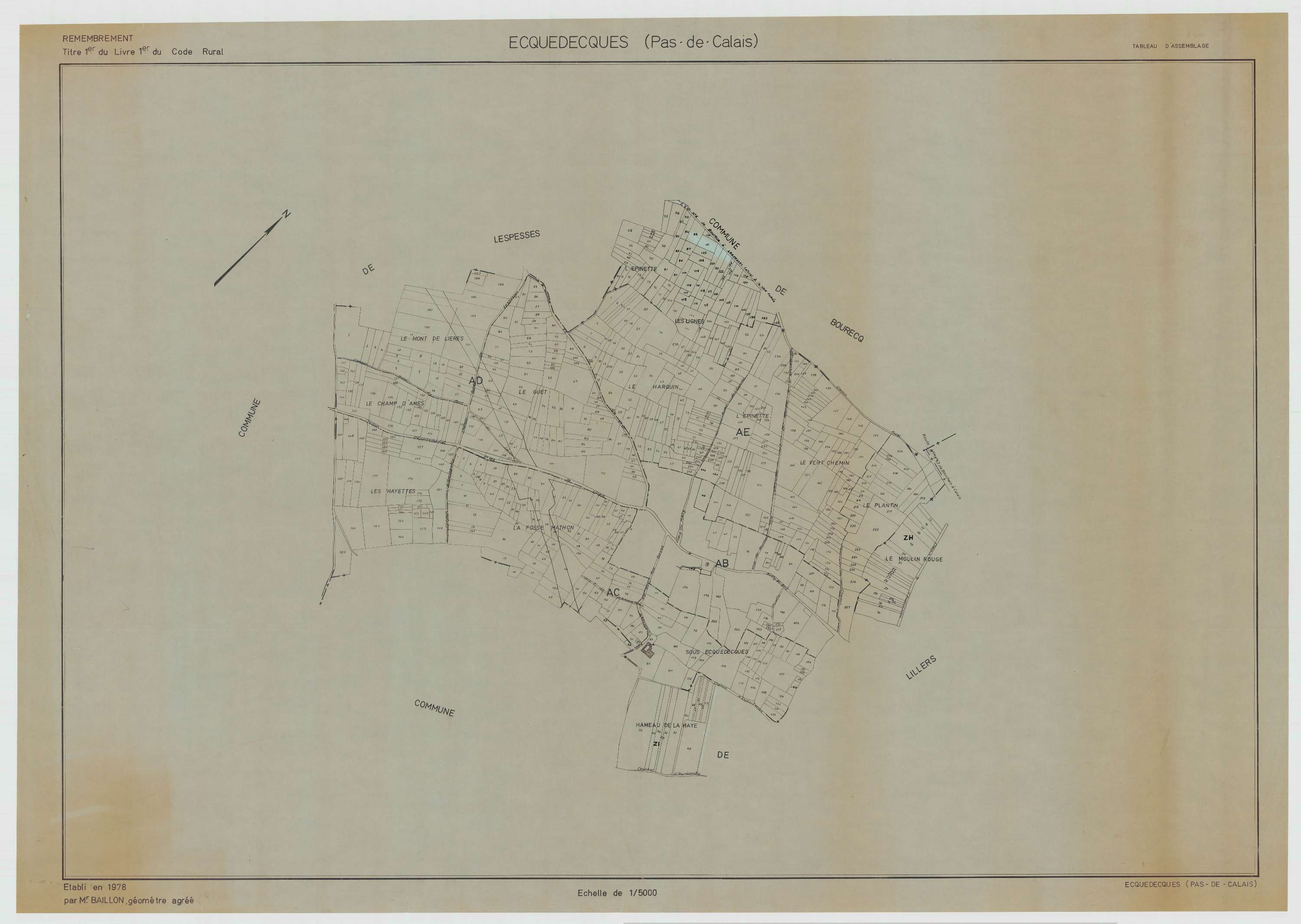 Ecquedecques - Plan cadastral : tableau d'assemblage antérieur au remembrement.