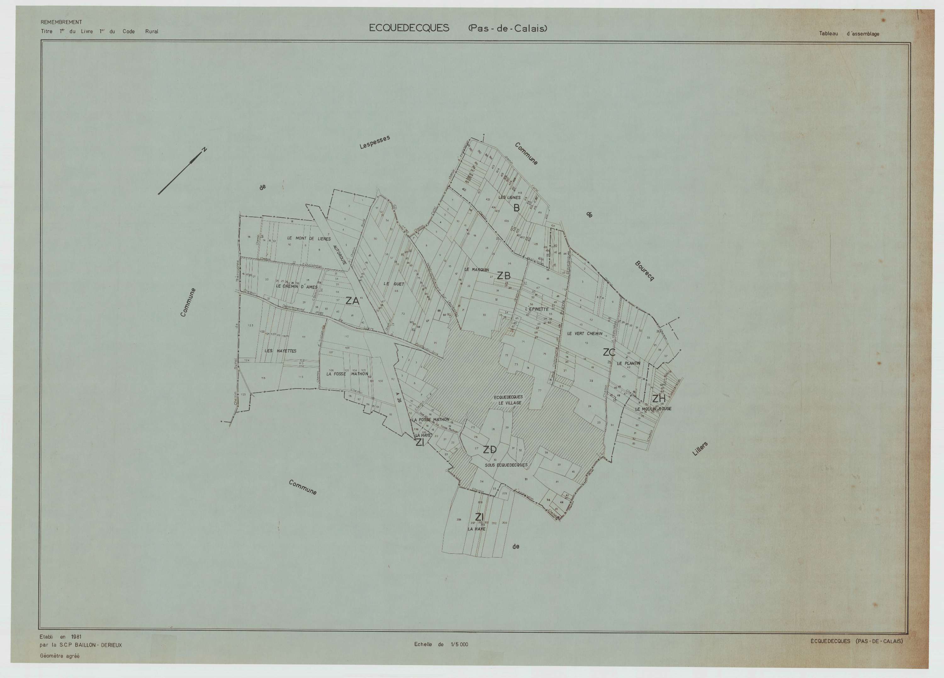 Ecquedecques - Plan cadastral : tableau d'assemblage postérieur au remembrement.