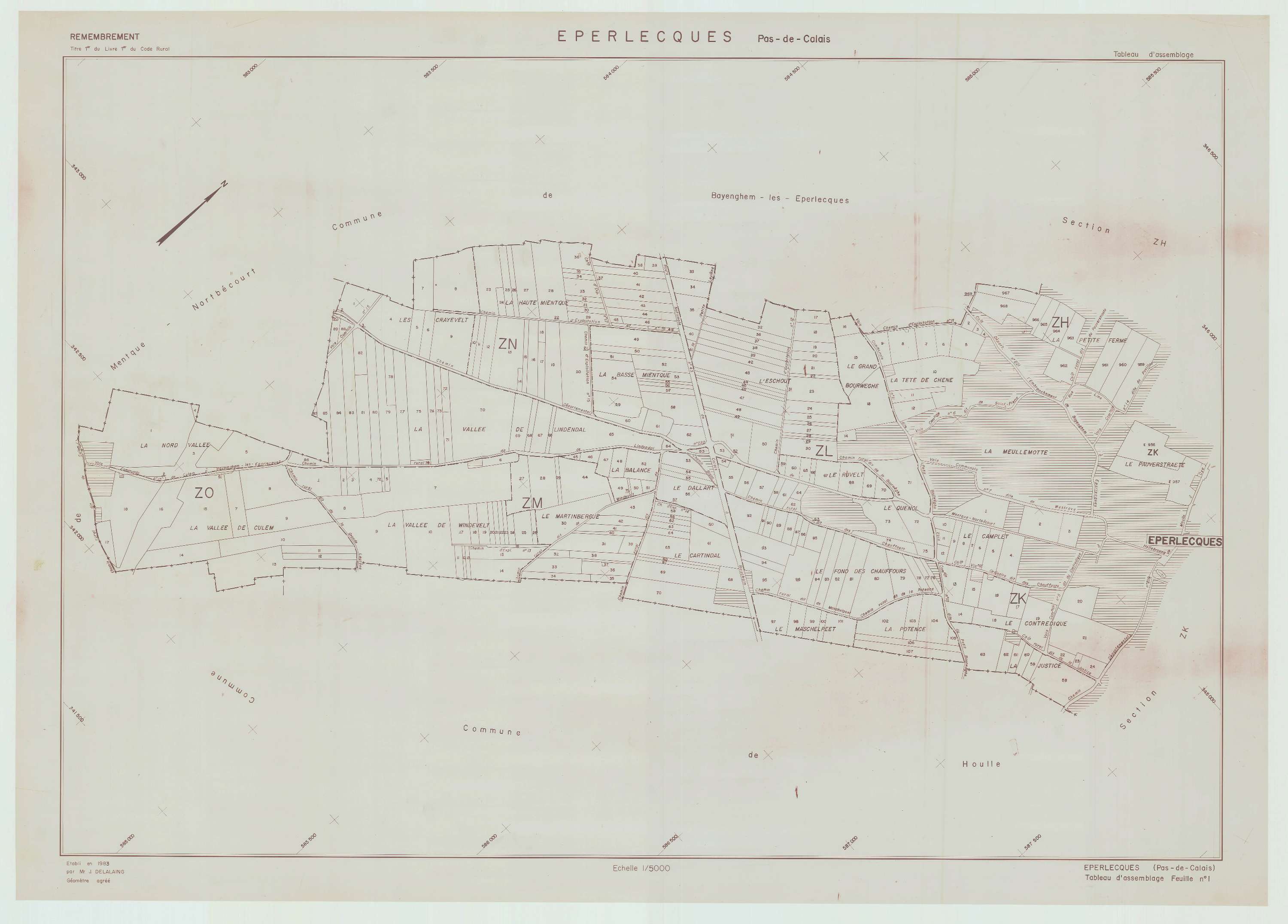 Éperlecques - Plan cadastral : tableau d'assemblage postérieur au remembrement.