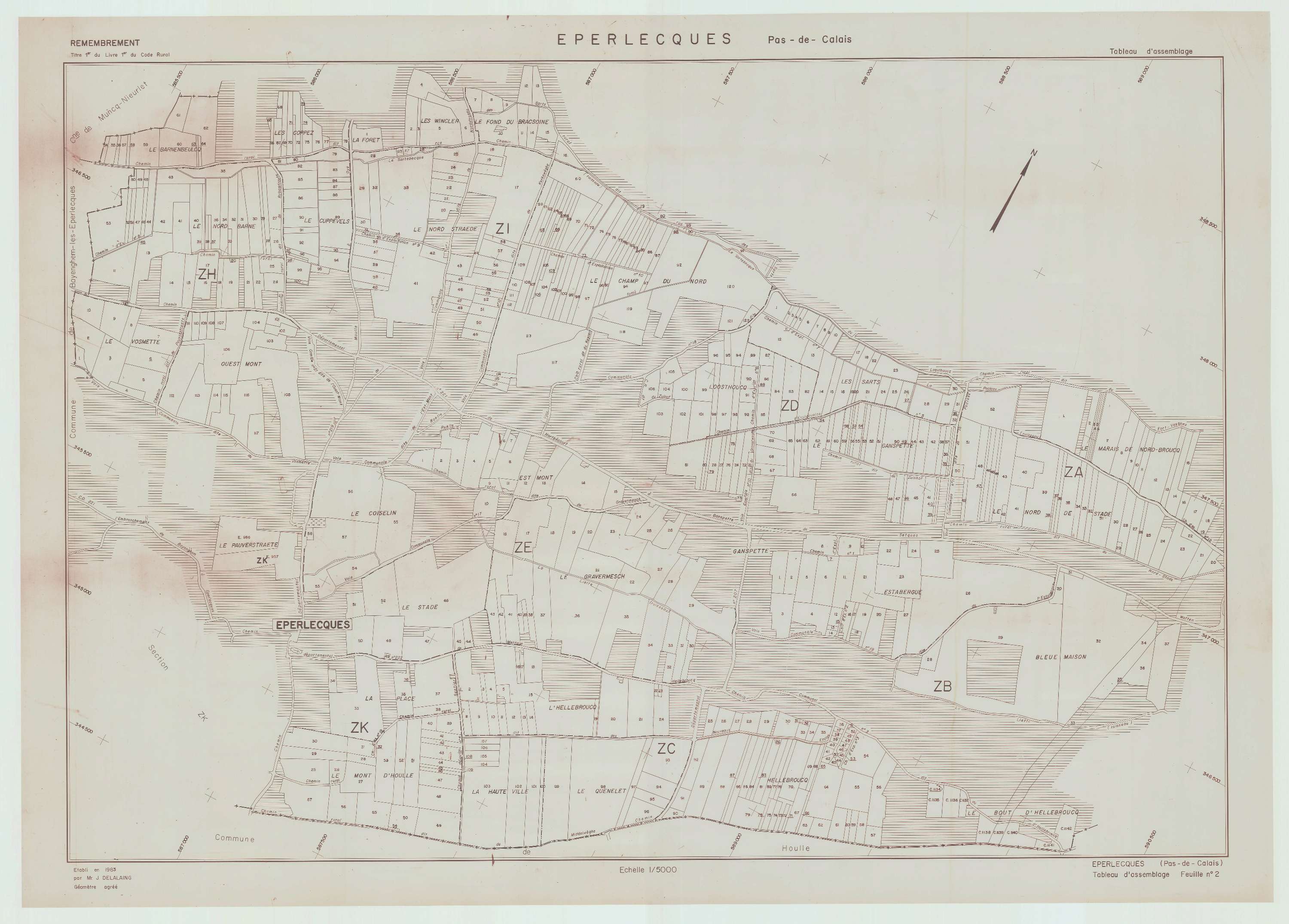 Éperlecques - Plan cadastral : tableau d'assemblage postérieur au remembrement.
