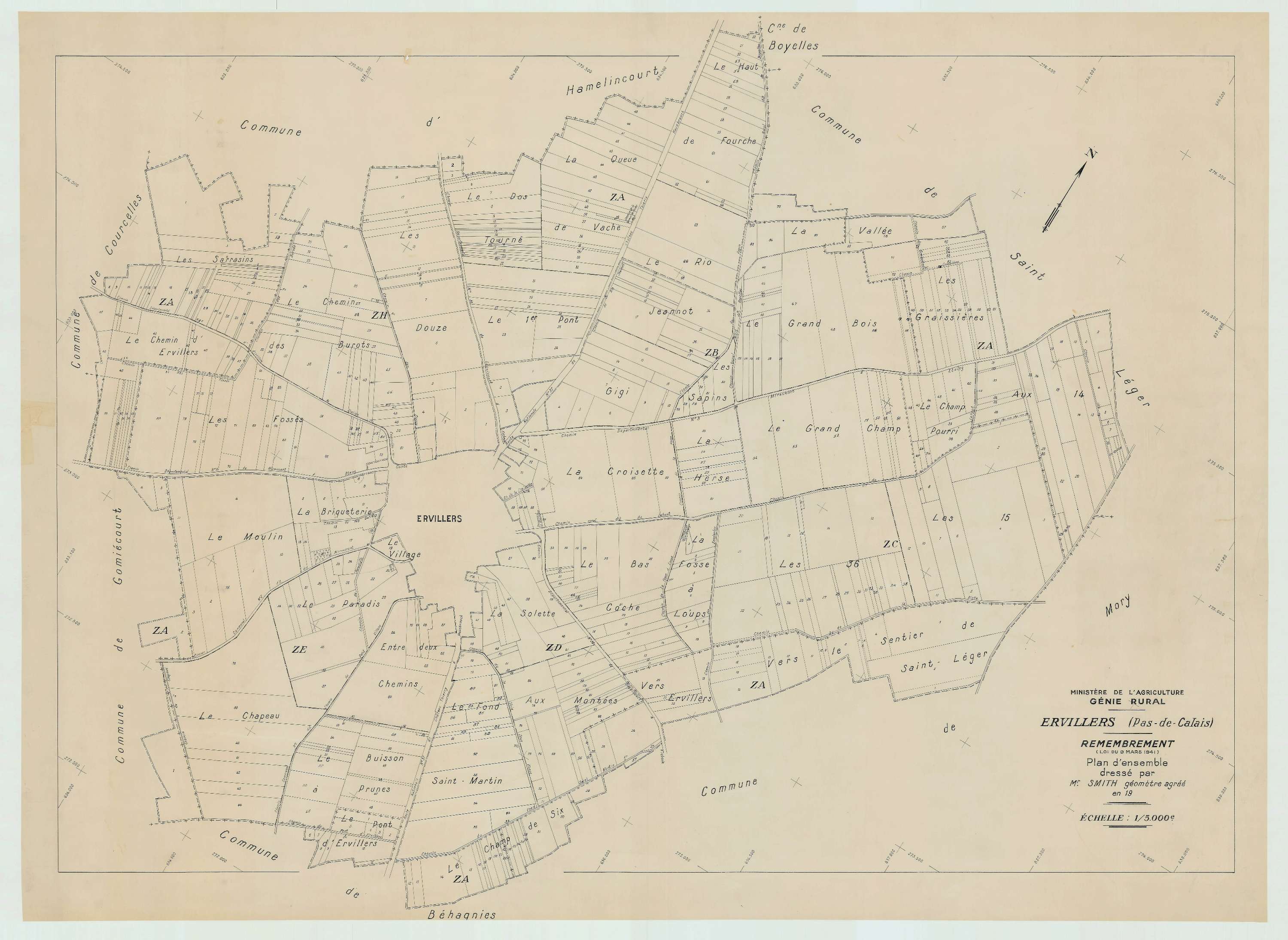 Ervillers - Plan cadastral : tableau d'assemblage postérieur au remembrement.