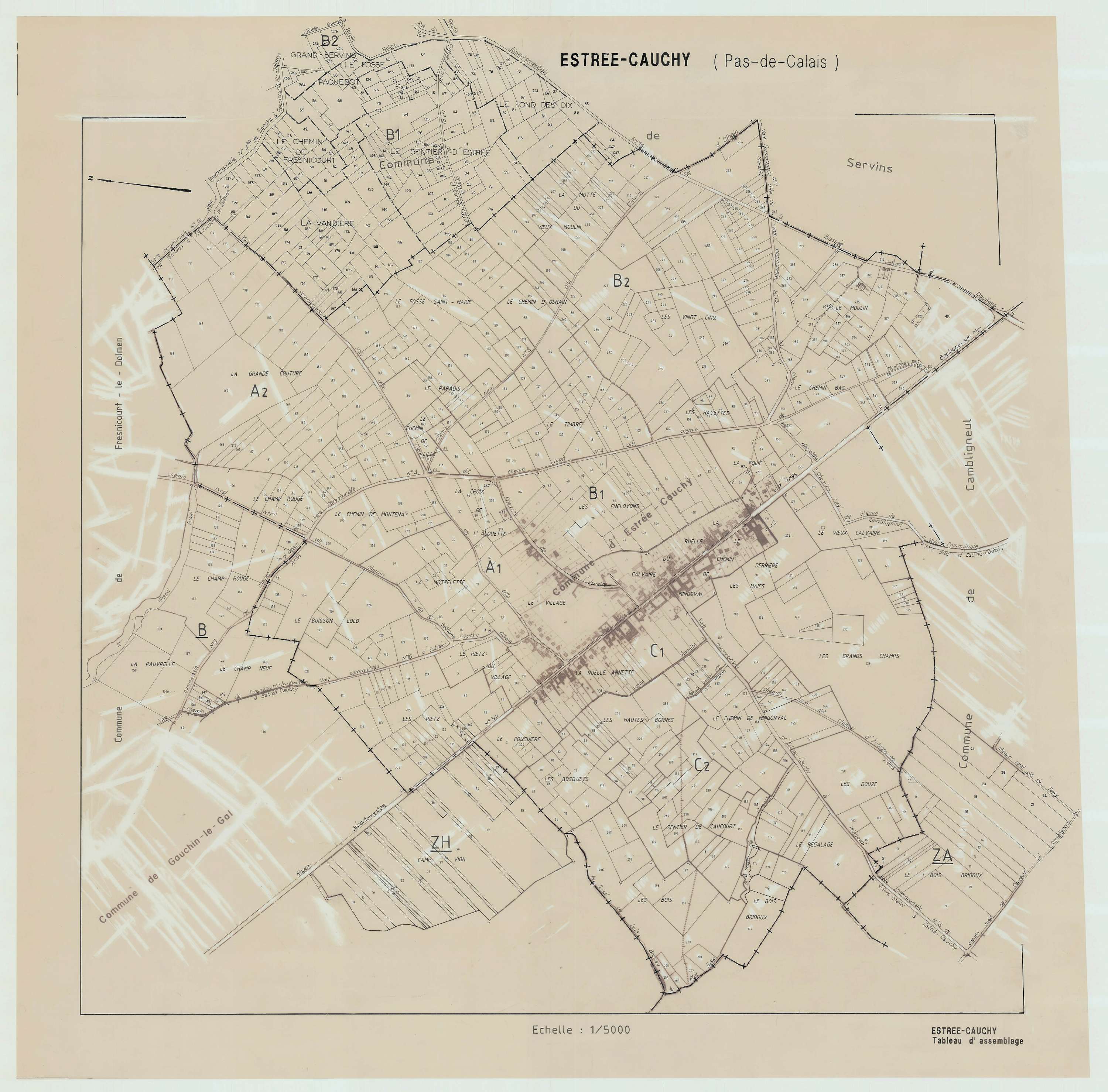 Estrée-Cauchy - Plan cadastral : tableau d'assemblage antérieur au remembrement.