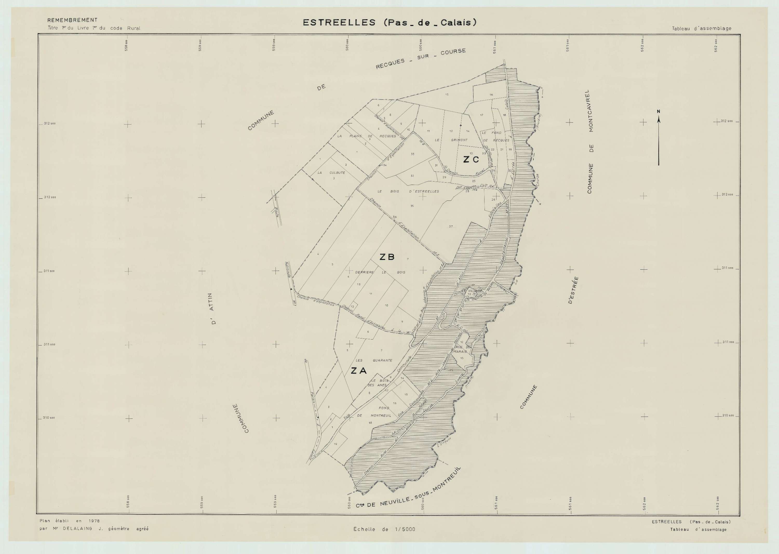 Estréelles - Plan cadastral : tableau d'assemblage postérieur au remembrement.