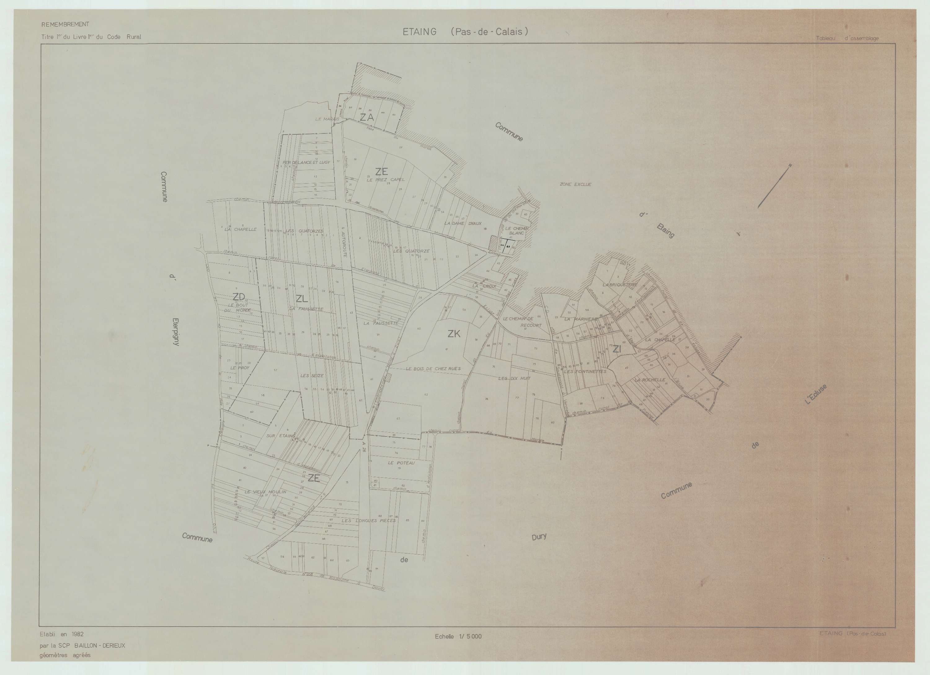 Étaing - Plan cadastral : tableau d'assemblage postérieur au remembrement.