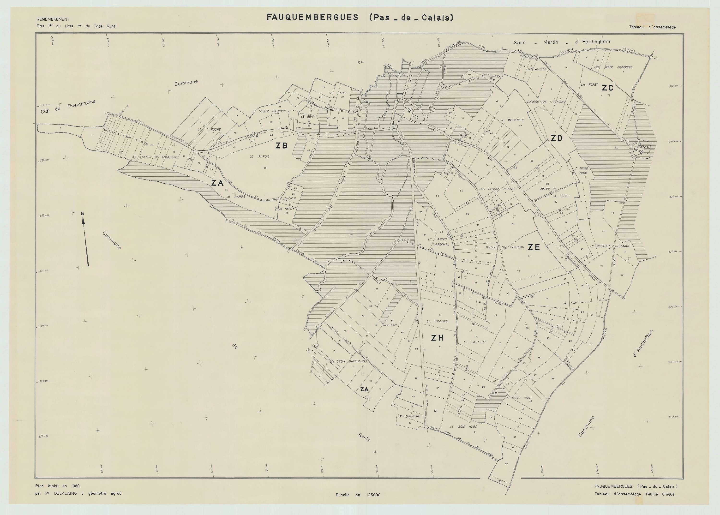 Fauquembergues - Plan cadastral : tableau d'assemblage postérieur au remembrement.