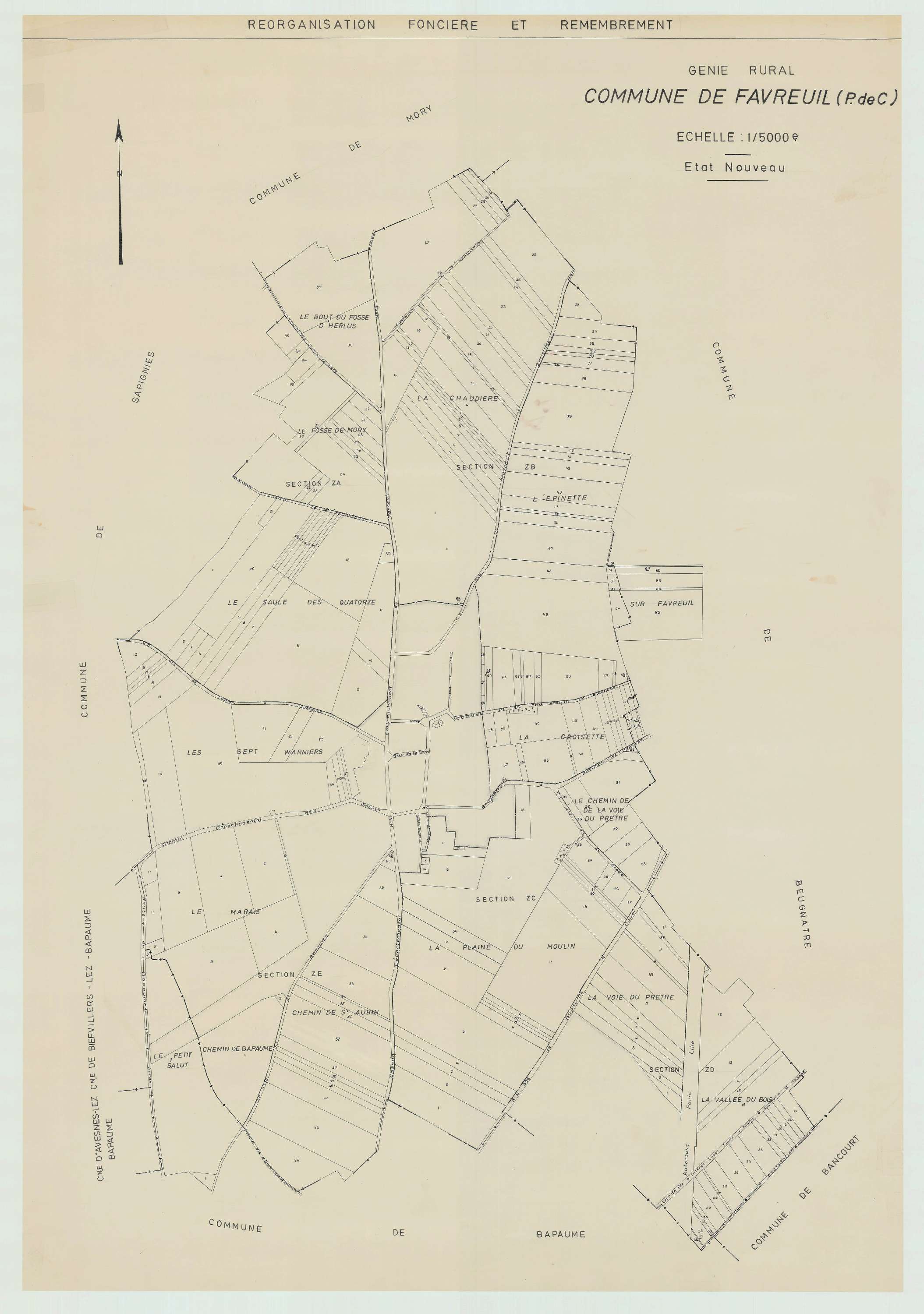 Favreuil - Plan cadastral : tableau d'assemblage postérieur au remembrement.