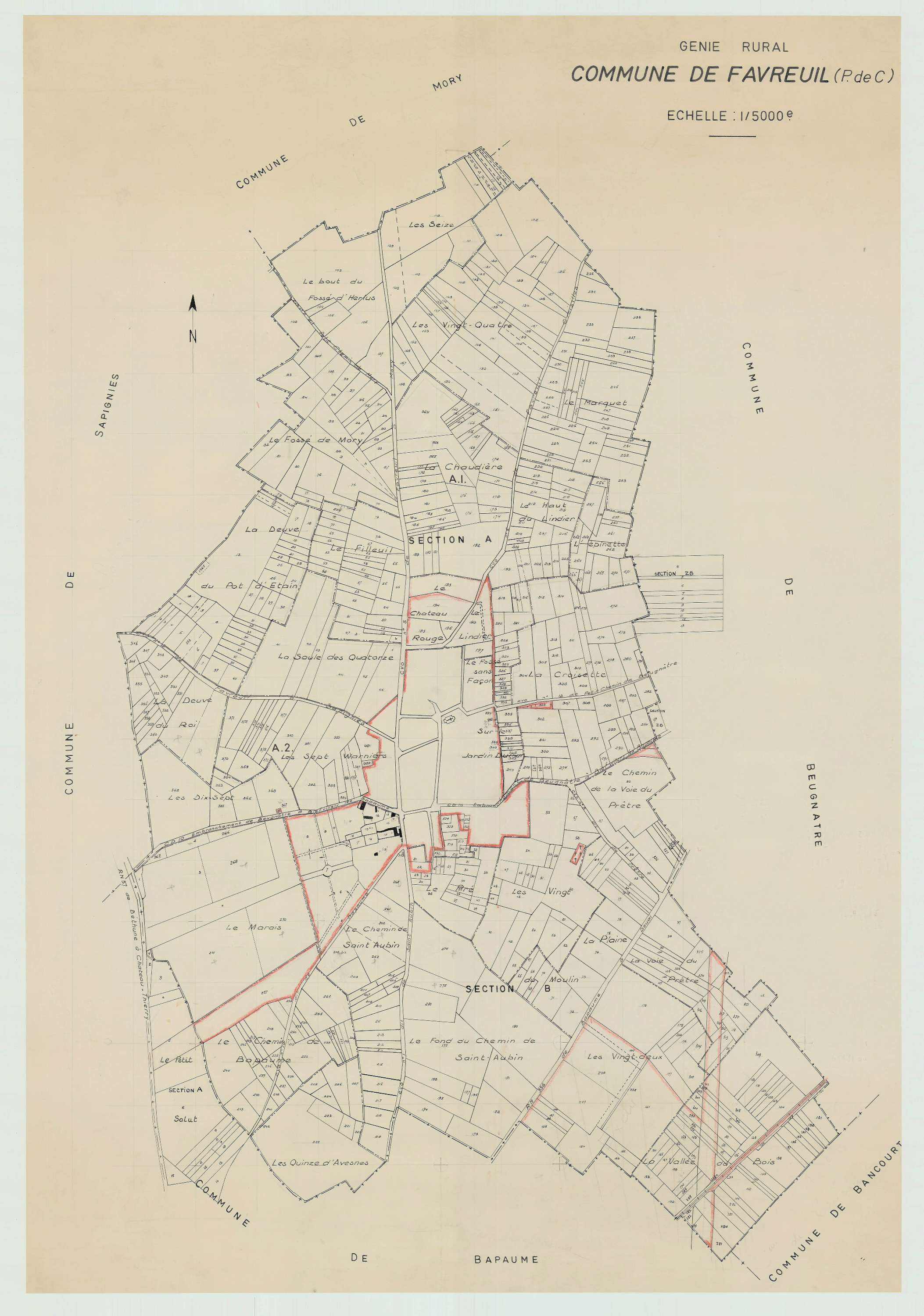 Favreuil - Plan cadastral : tableau d'assemblage postérieur au remembrement.