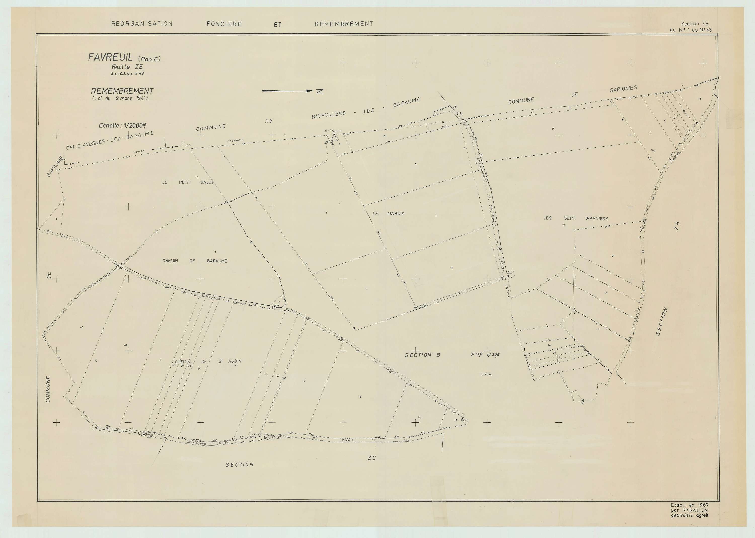 Favreuil - Plan de remembrement : section ZE.