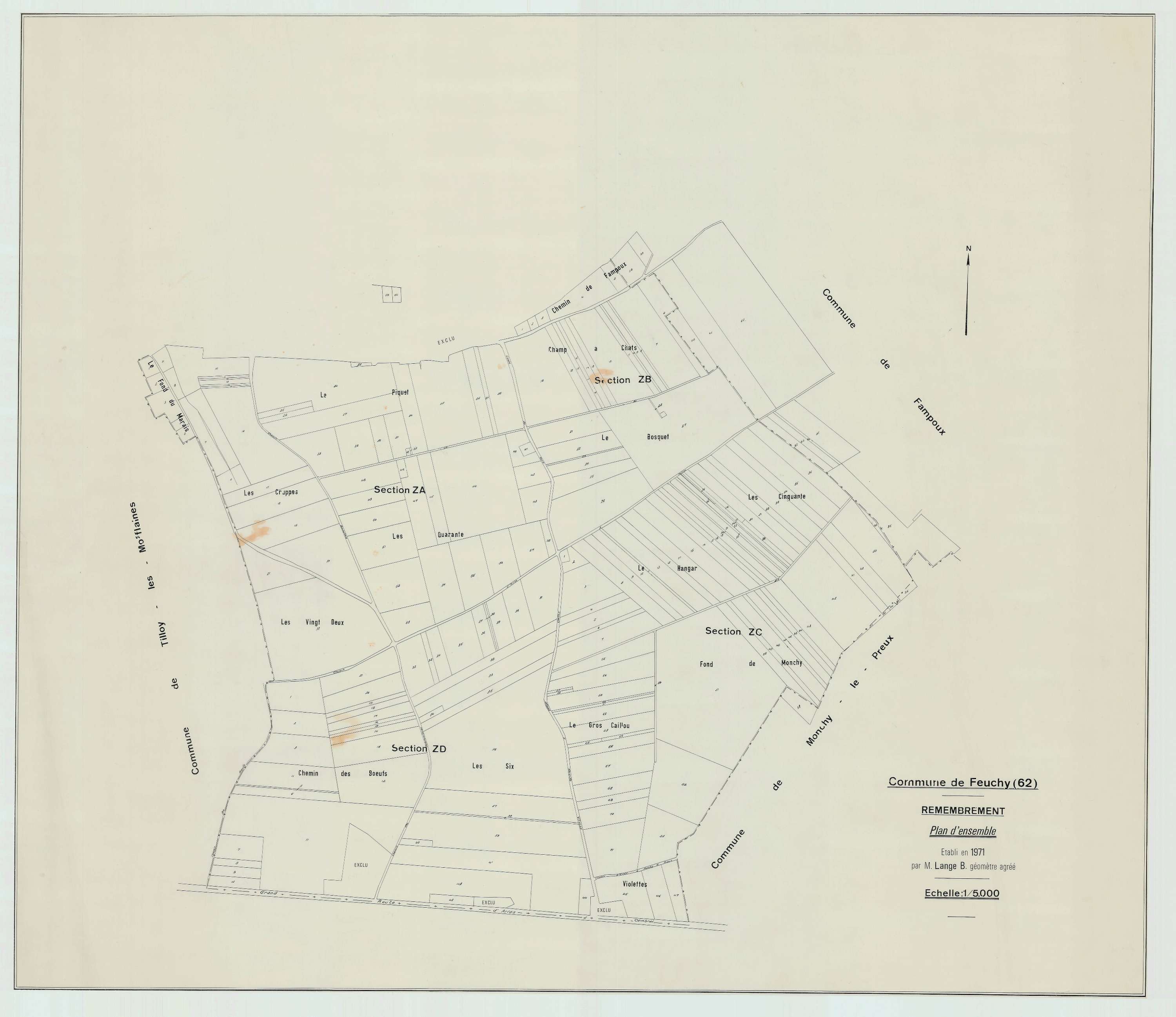 Feuchy - Plan cadastral : tableau d'assemblage postérieur au remembrement.